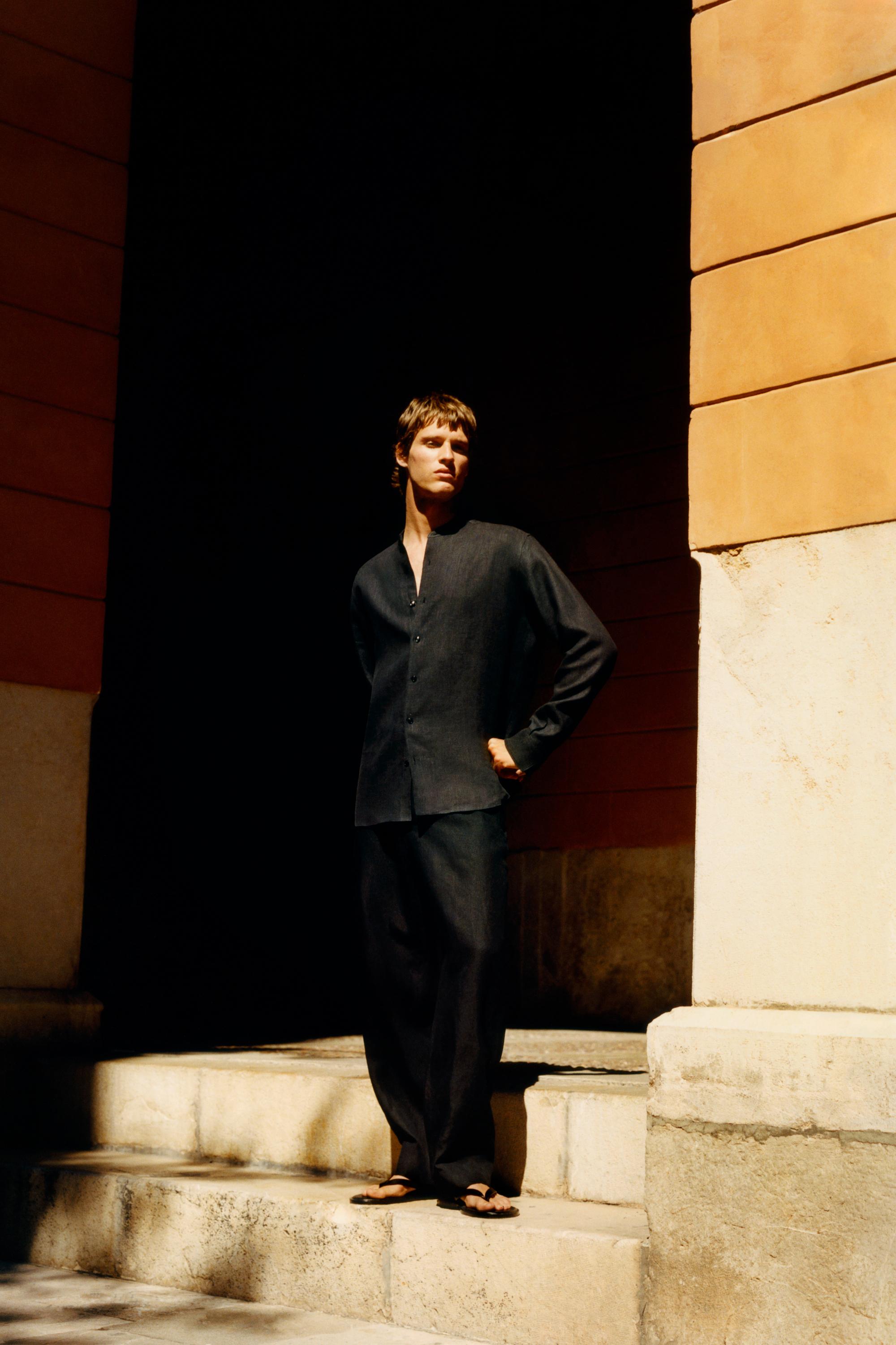 100% linen stand collar shirt — BLACK