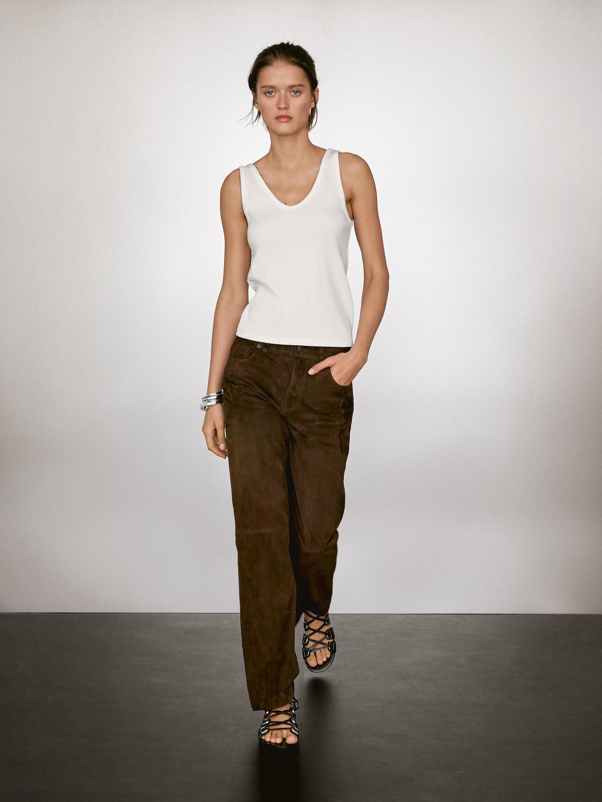 Top Con Scollo In Tessuto A Coste - Ecru - Xs - Massimo Dutti - Femminile