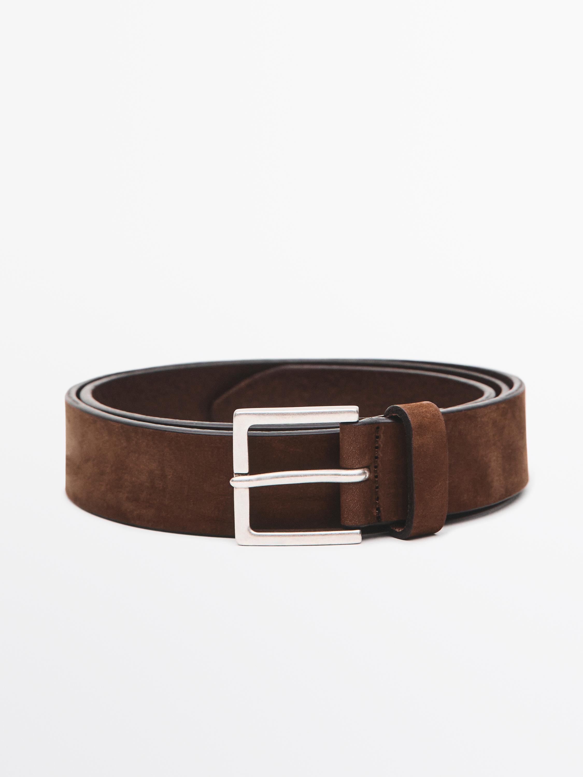 Leather belt with square buckle — BROWN