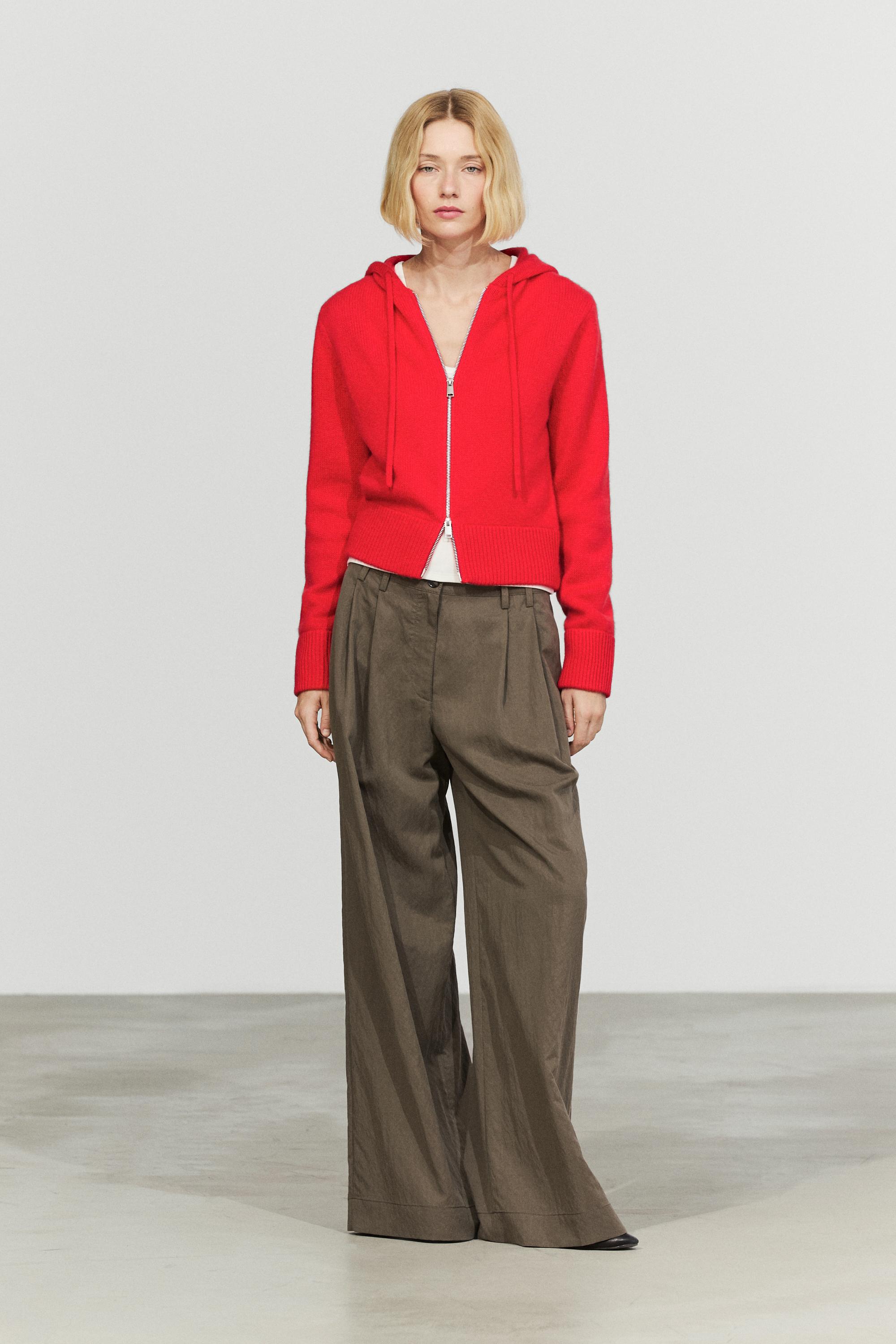 100% cashmere hooded zip-up cardigan — RED