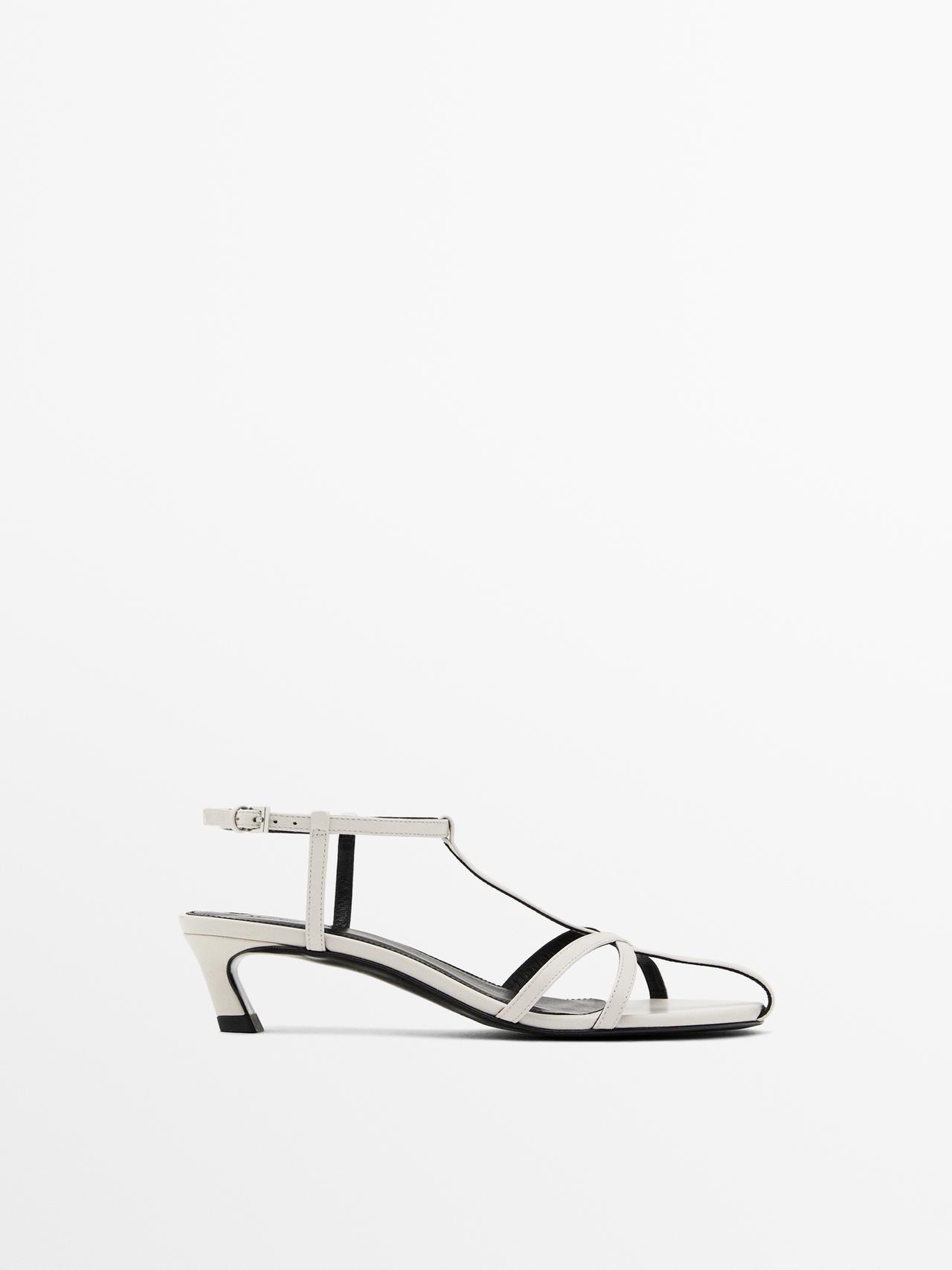 Massimo Dutti - Dame - Højhælede Sandaler I Skind Med Remme - Hvid - 39