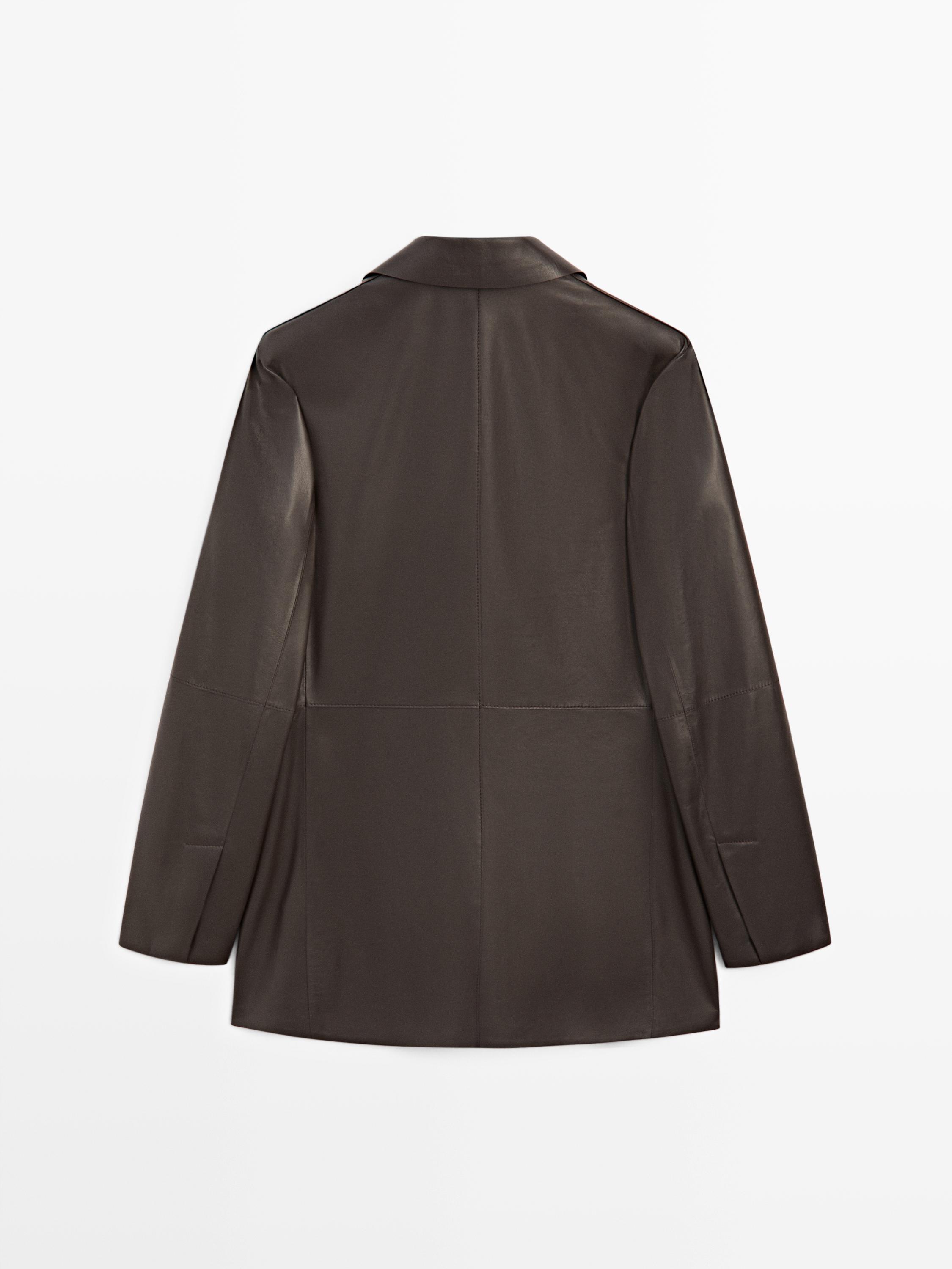 Leather blazer with lapel collar - STUDIO — BROWN