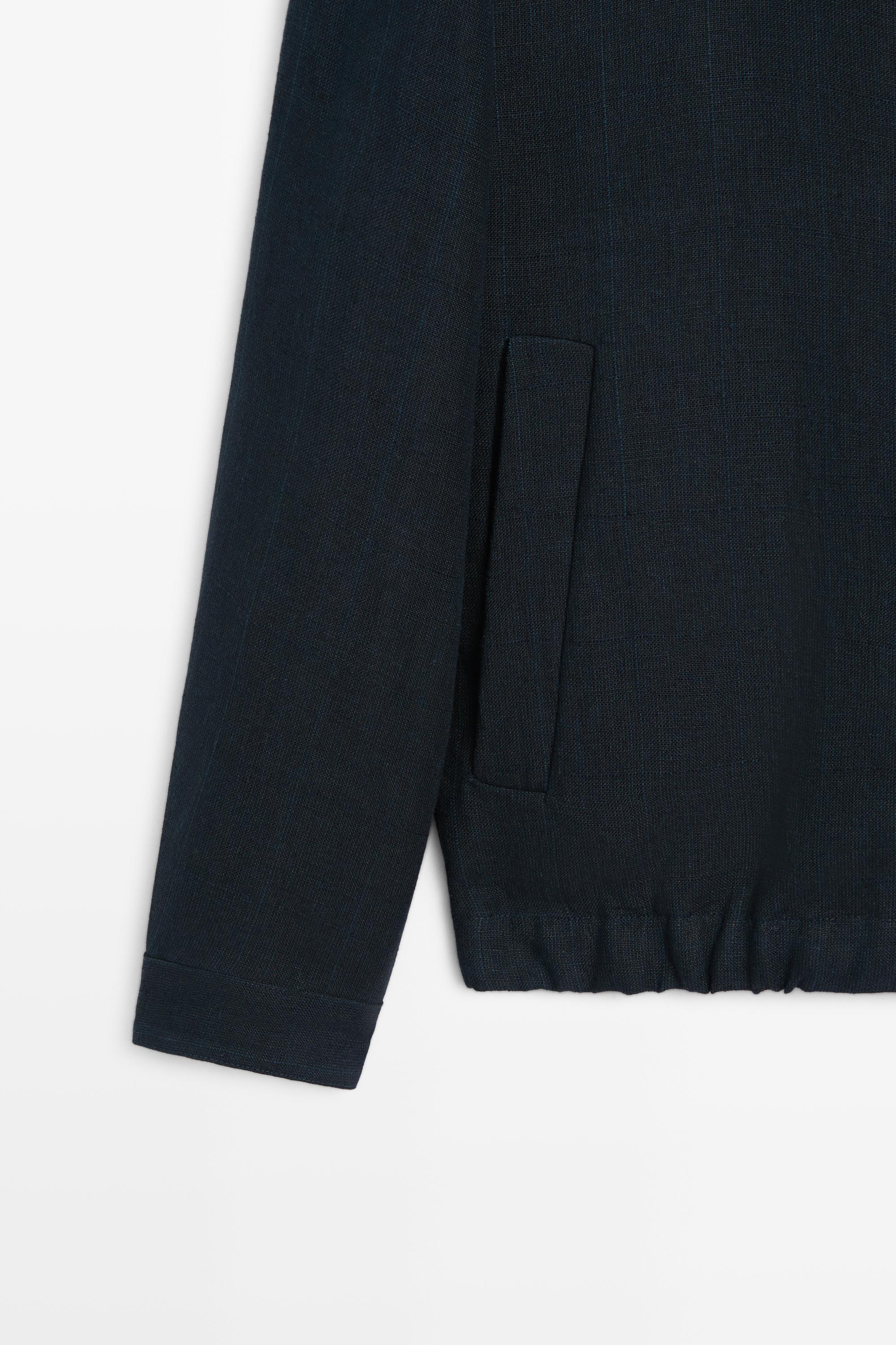 100% linen banded collar jacket — NAVY BLUE