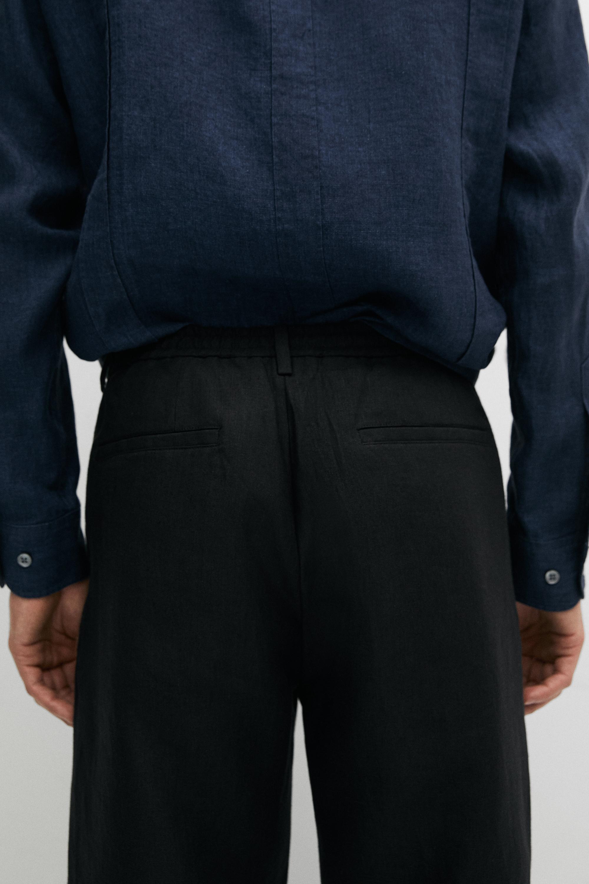 100% linen straight-leg trousers — BLACK