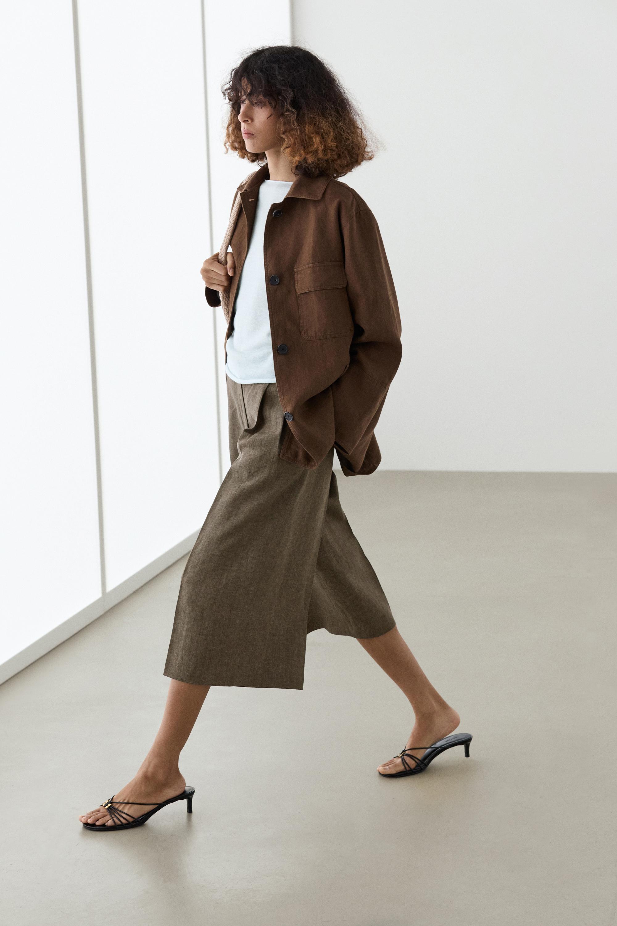 100% linen blazer with pockets and belt detail — BROWN
