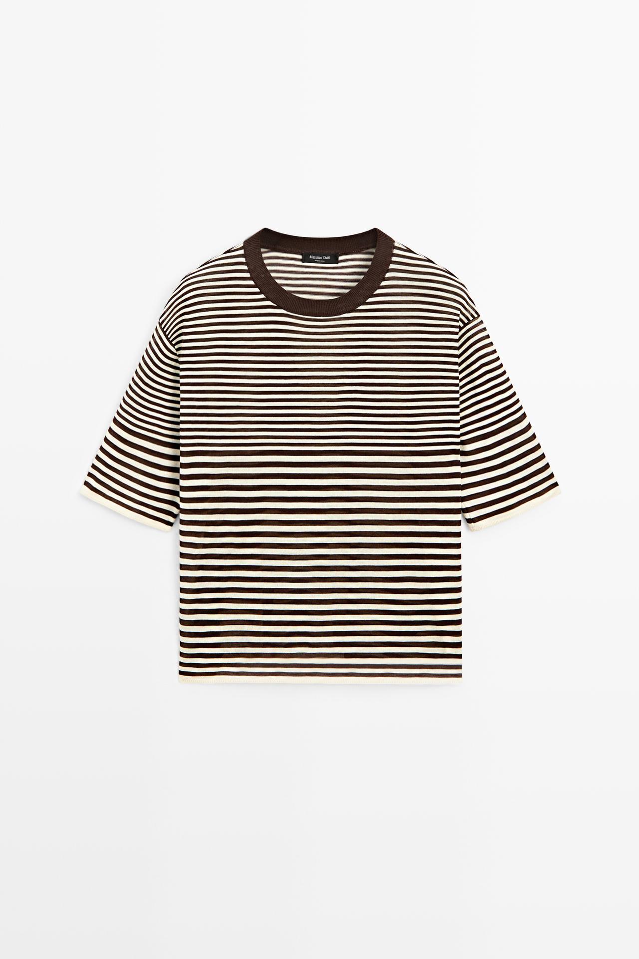100% cotton short sleeve striped T-shirt — BROWN
