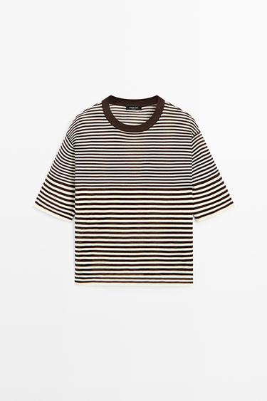 100% cotton short sleeve striped T-shirt — BROWN 2