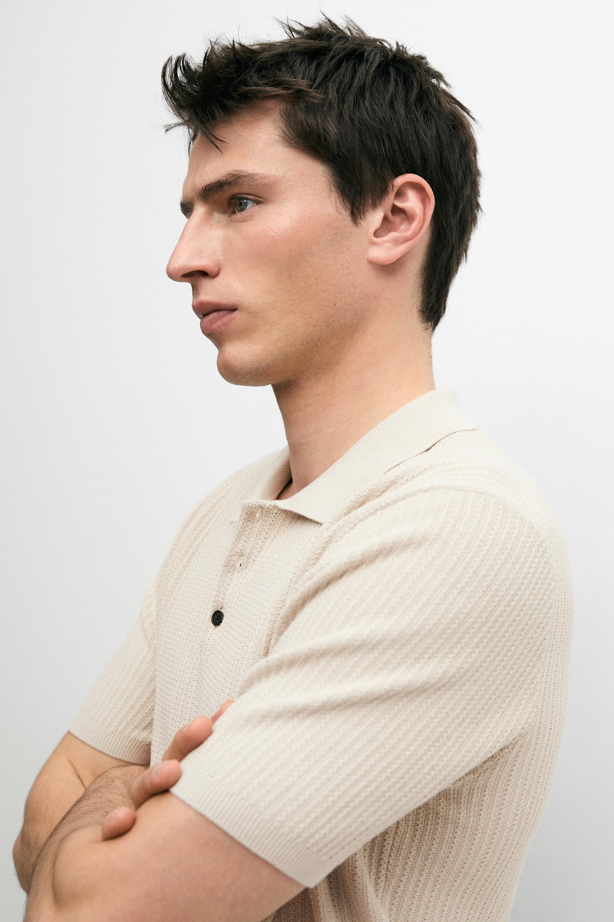 100% cotton textured knit polo sweater — BEIGE