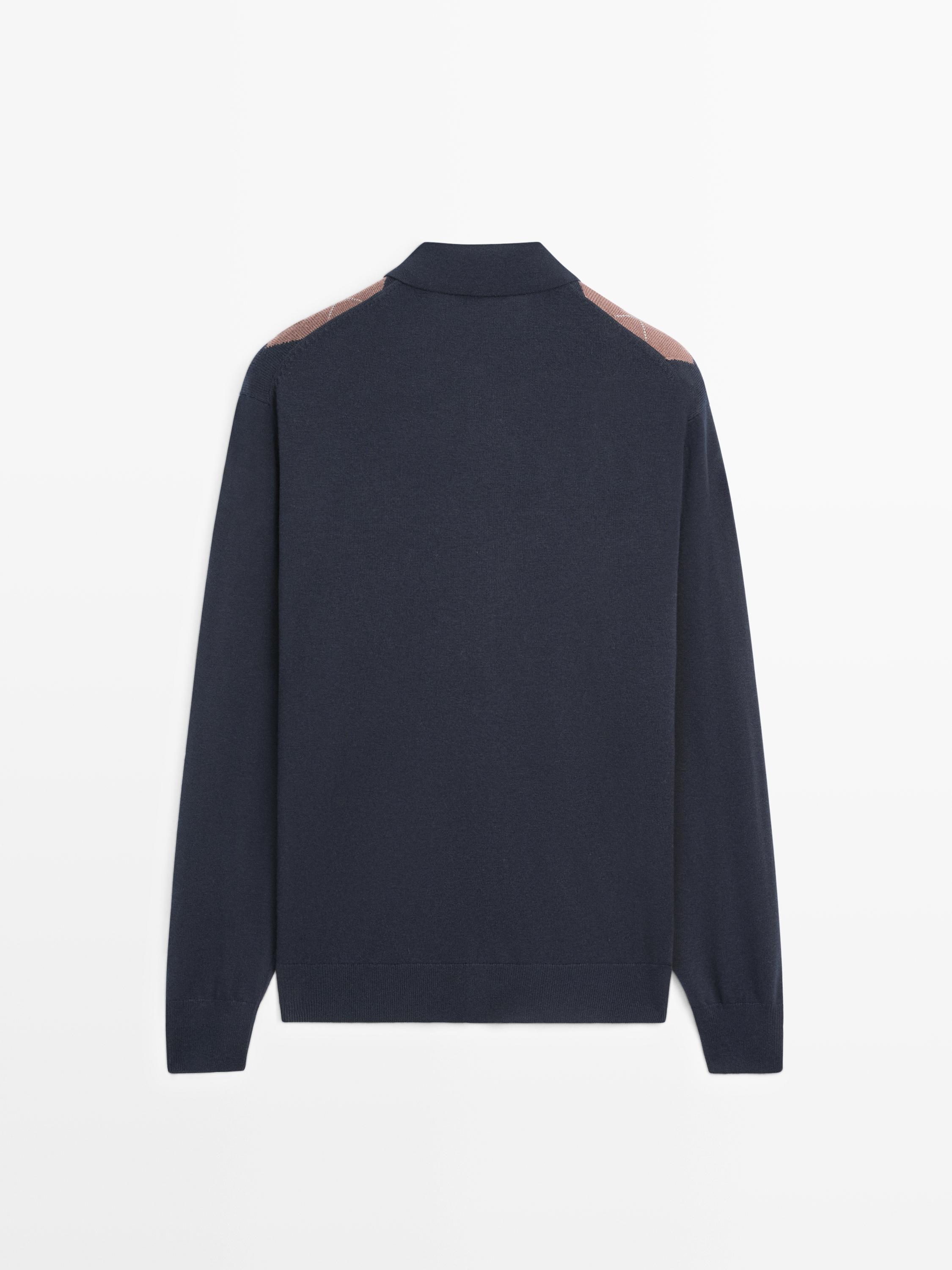 Wool blend argyle knit cardigan — NAVY BLUE