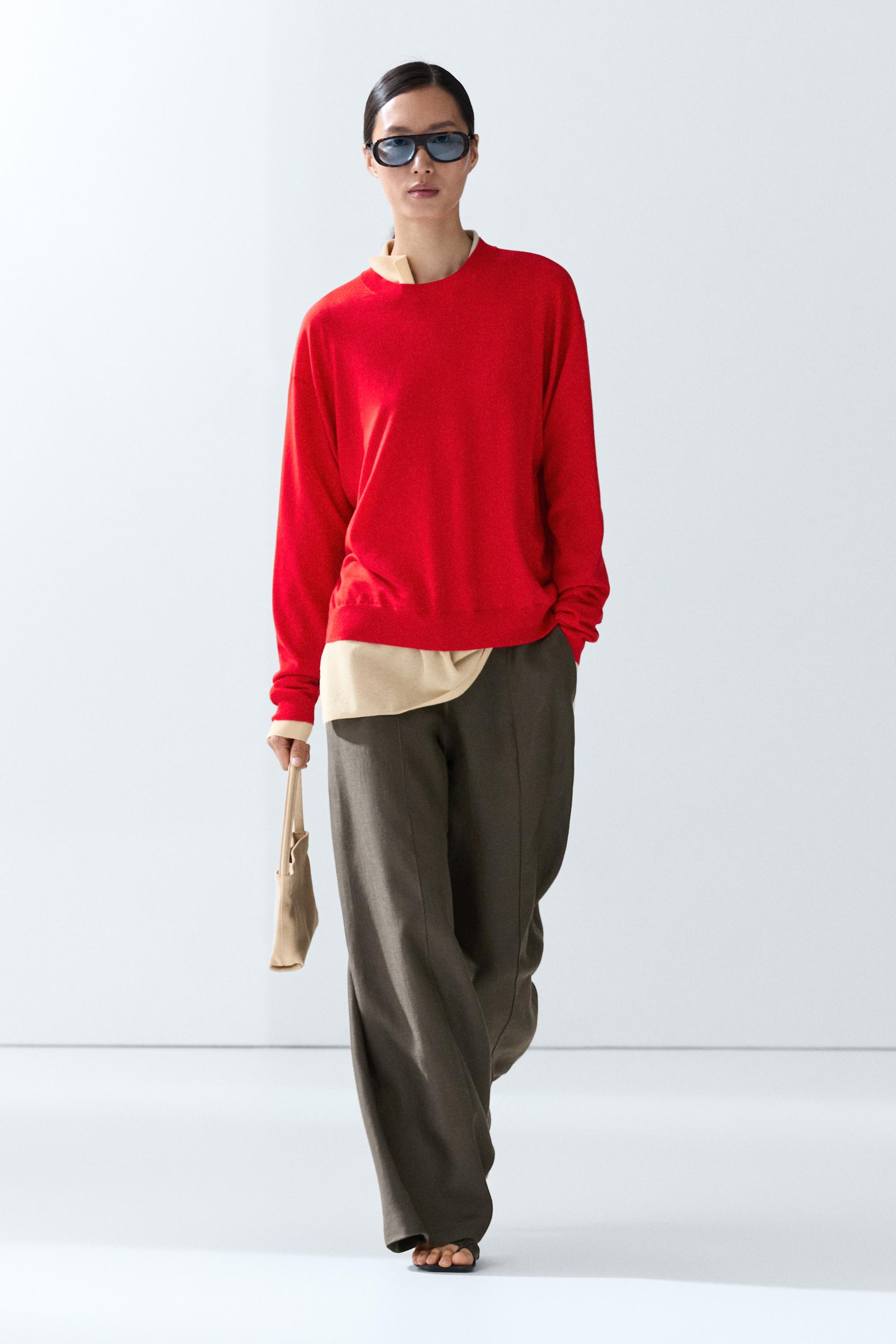 Fine knit round neck sweater — RED