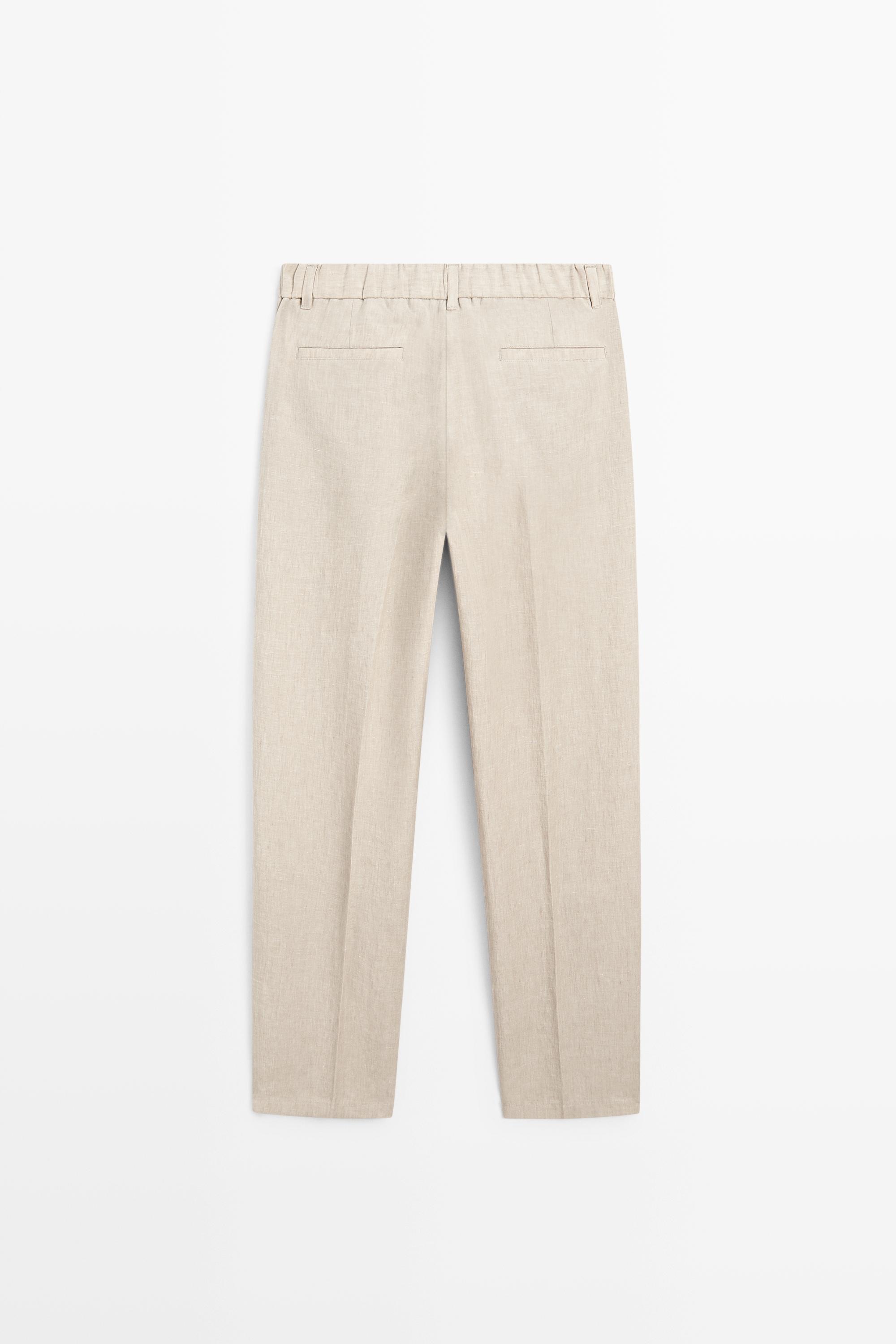 100% Linen Elastic-Waist Pants — BEIGE