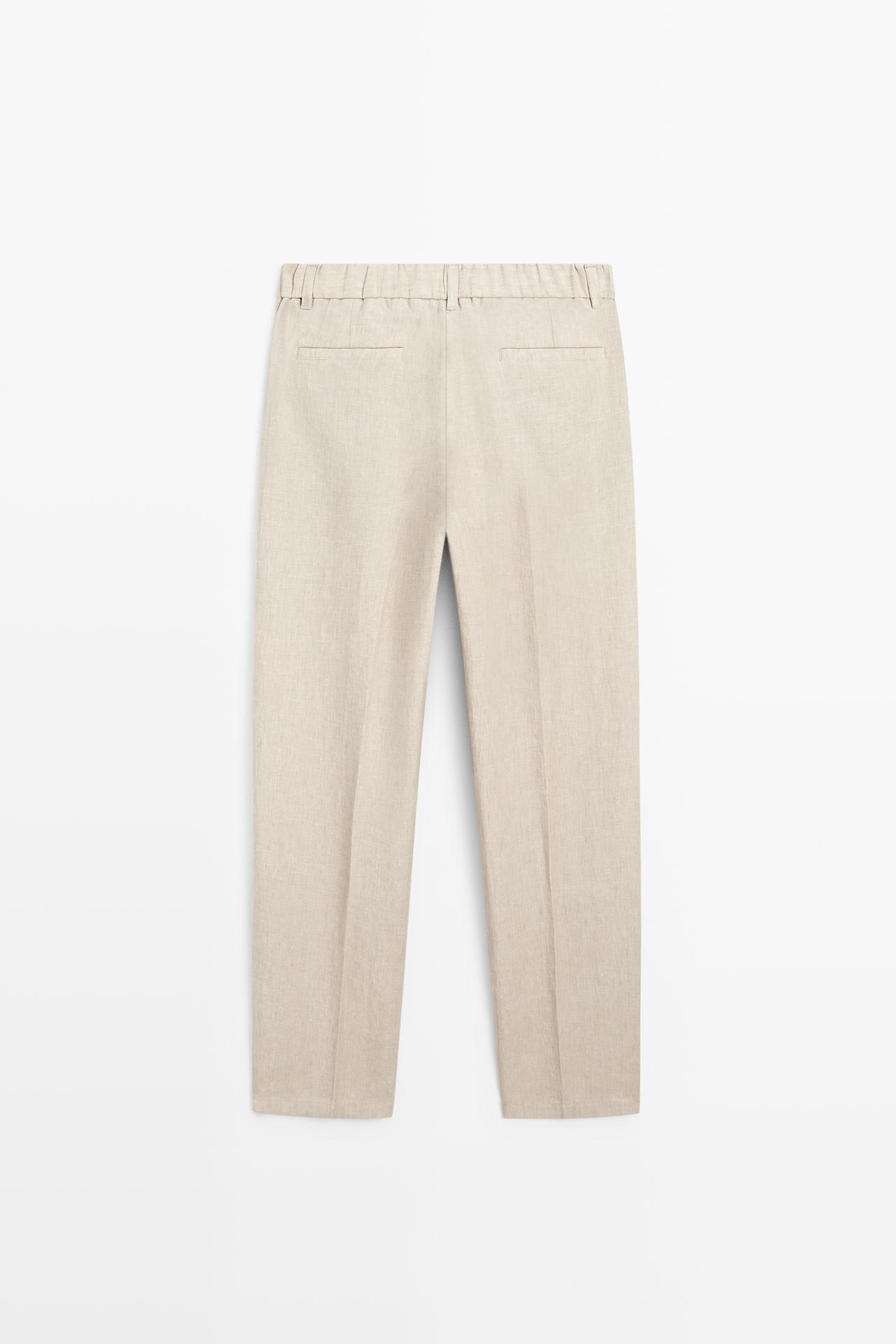 100% Linen Elastic-Waist Pants — BEIGE