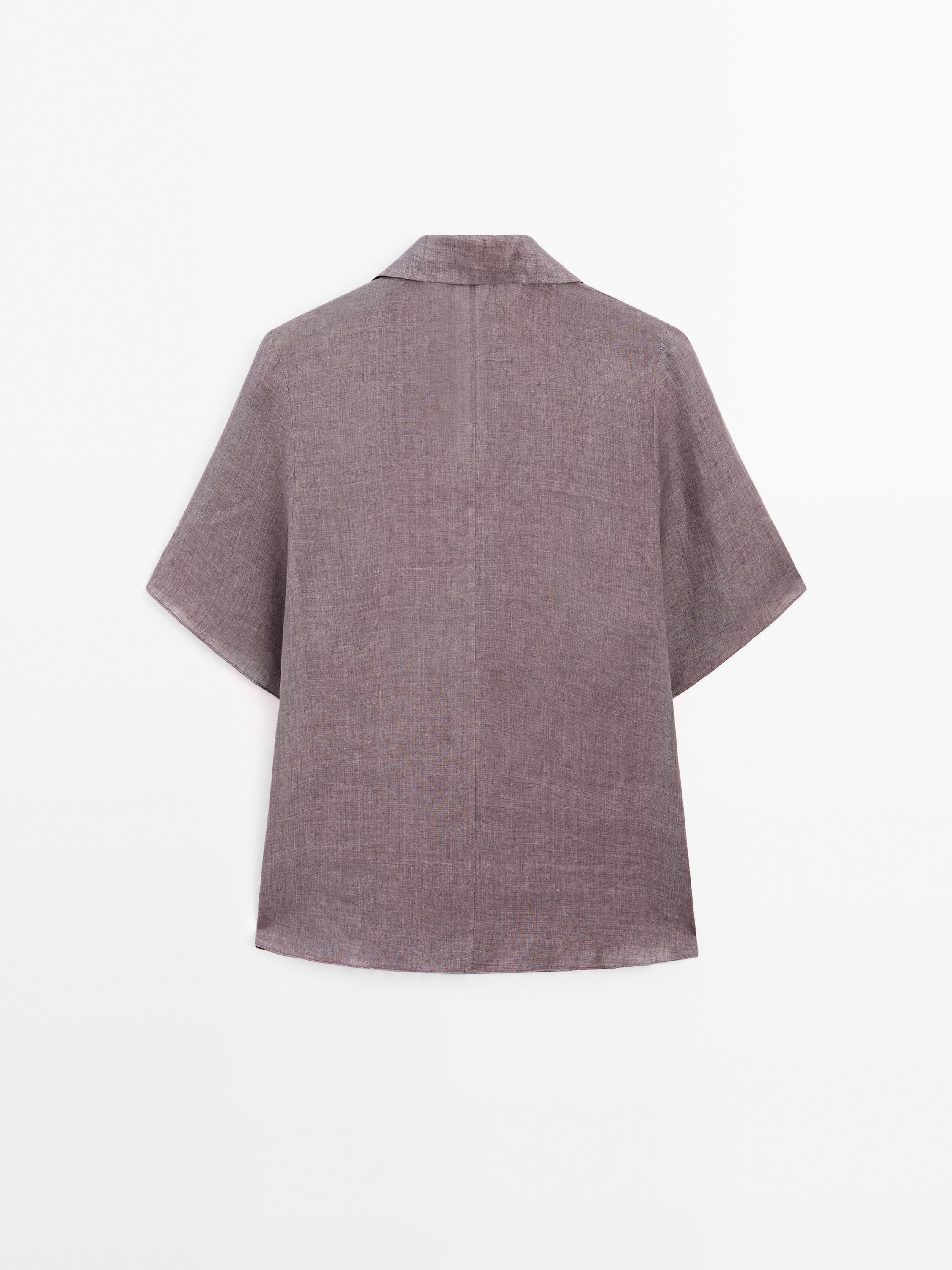 Short sleeve linen shirt with tie detail