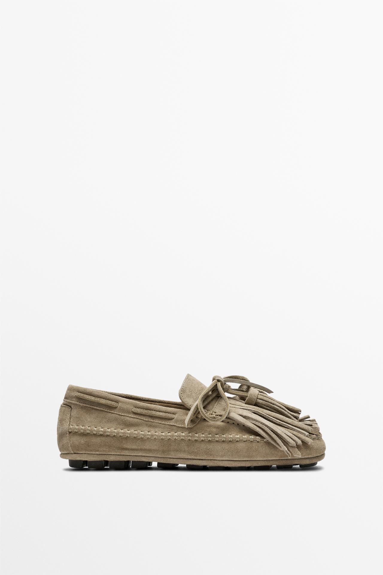 Leather loafers with fringing and tassels — BEIGE