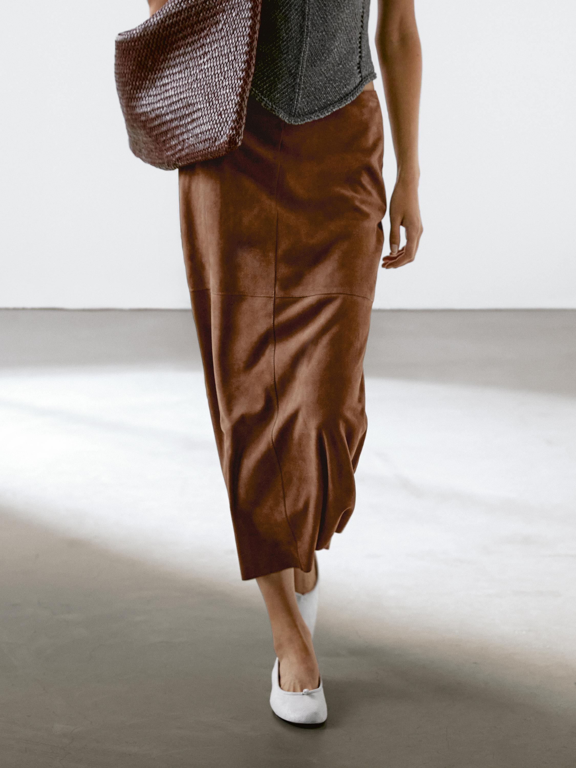 Suede leather midi skirt