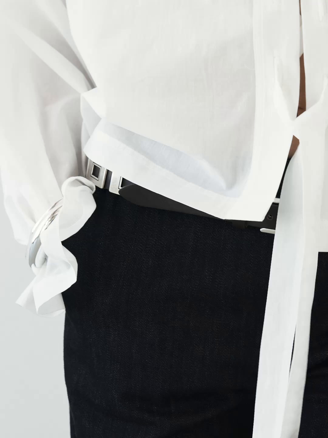 Stand collar blouse with tie detail