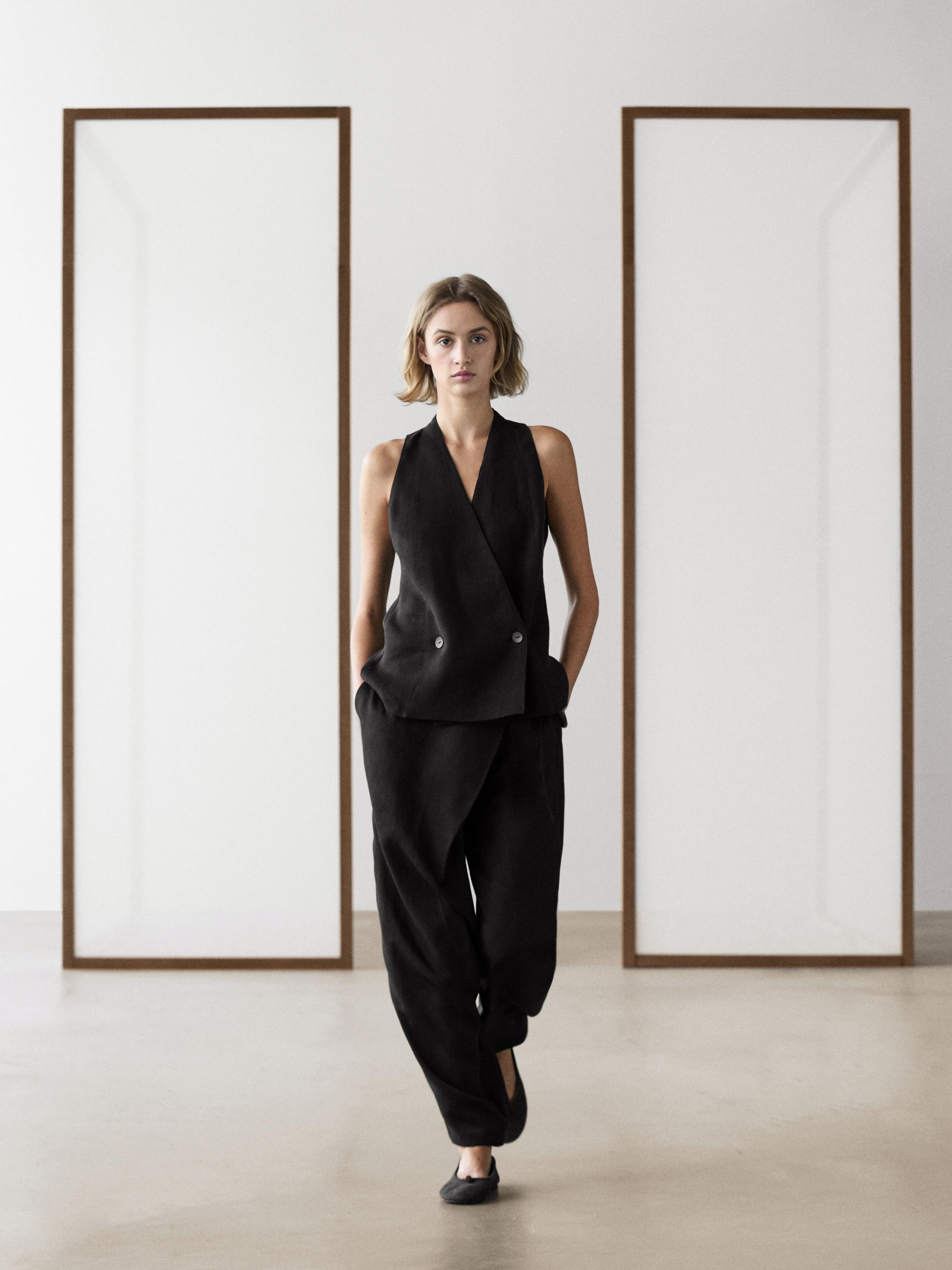 Flowing pareo trousers with tie detail — BLACK