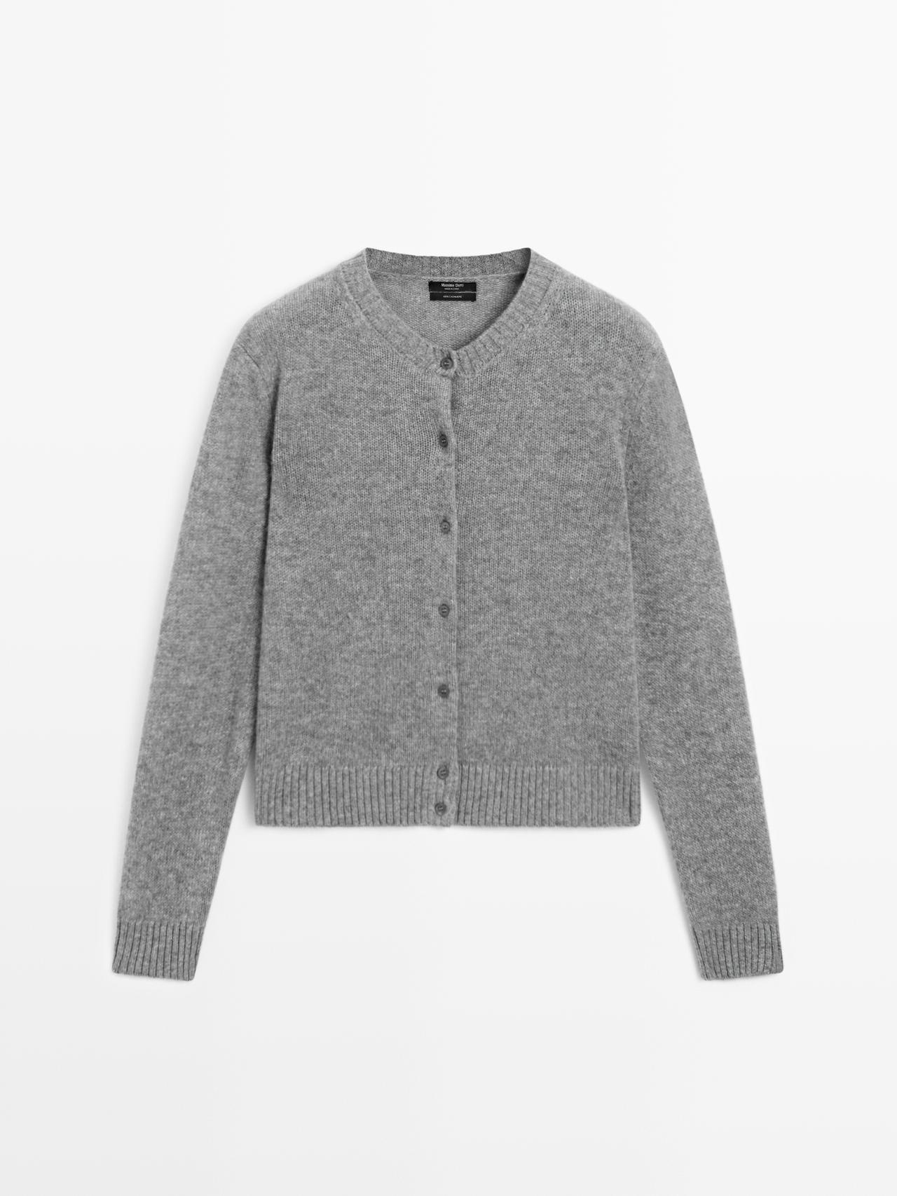 Massimo Dutti - Dame - Strikket Cardigan I 100 % Kashmir Med Rund Hals - Grå - L
