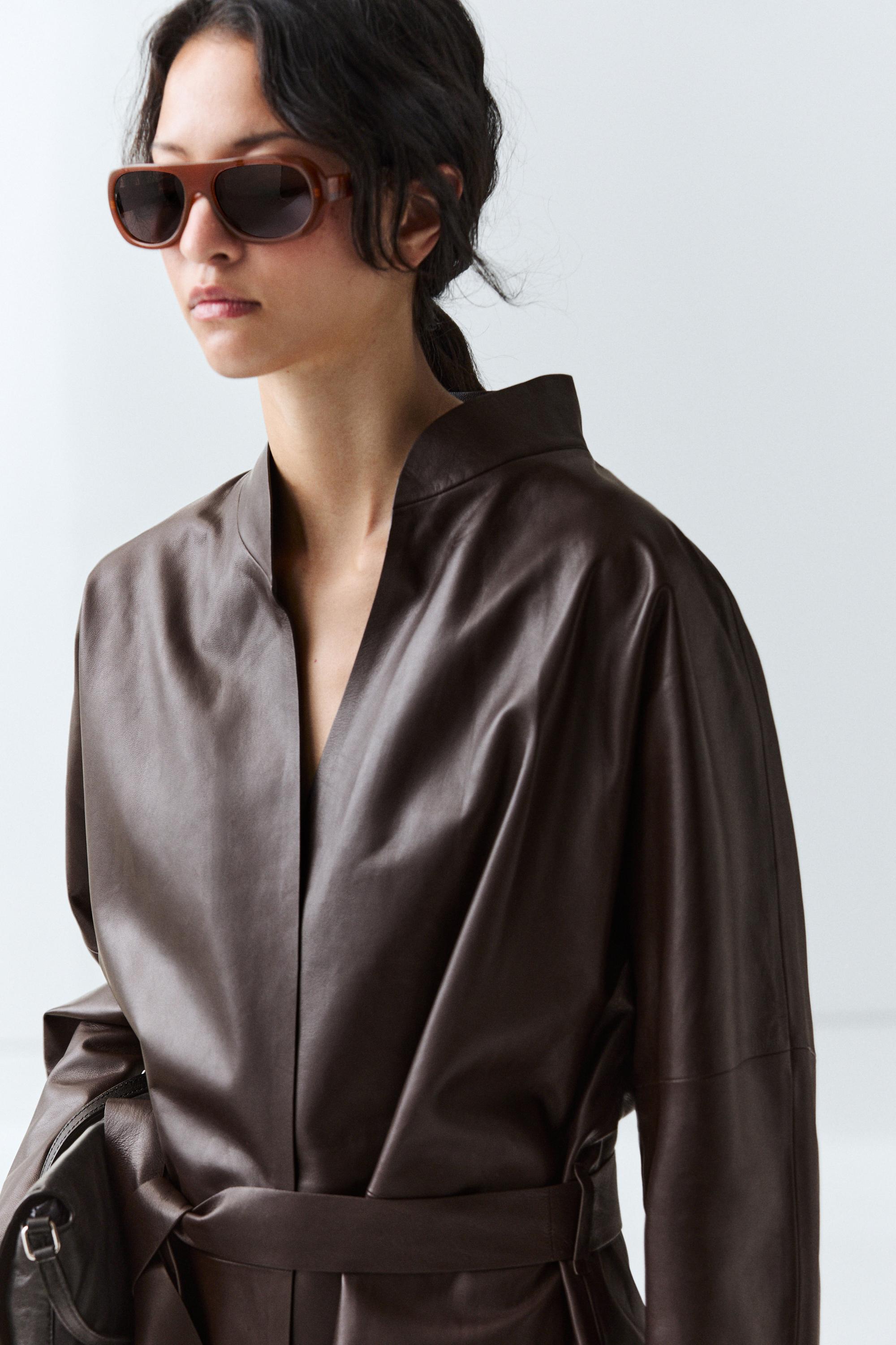 Wrap-front nappa leather jacket with tie detail — BROWN
