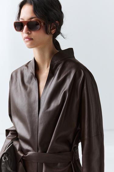 Wrap-front nappa leather jacket with tie detail — BROWN 5