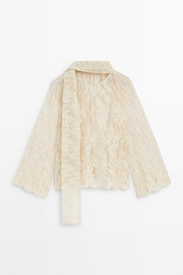 Flowing lace blouse with tie — Beige 6