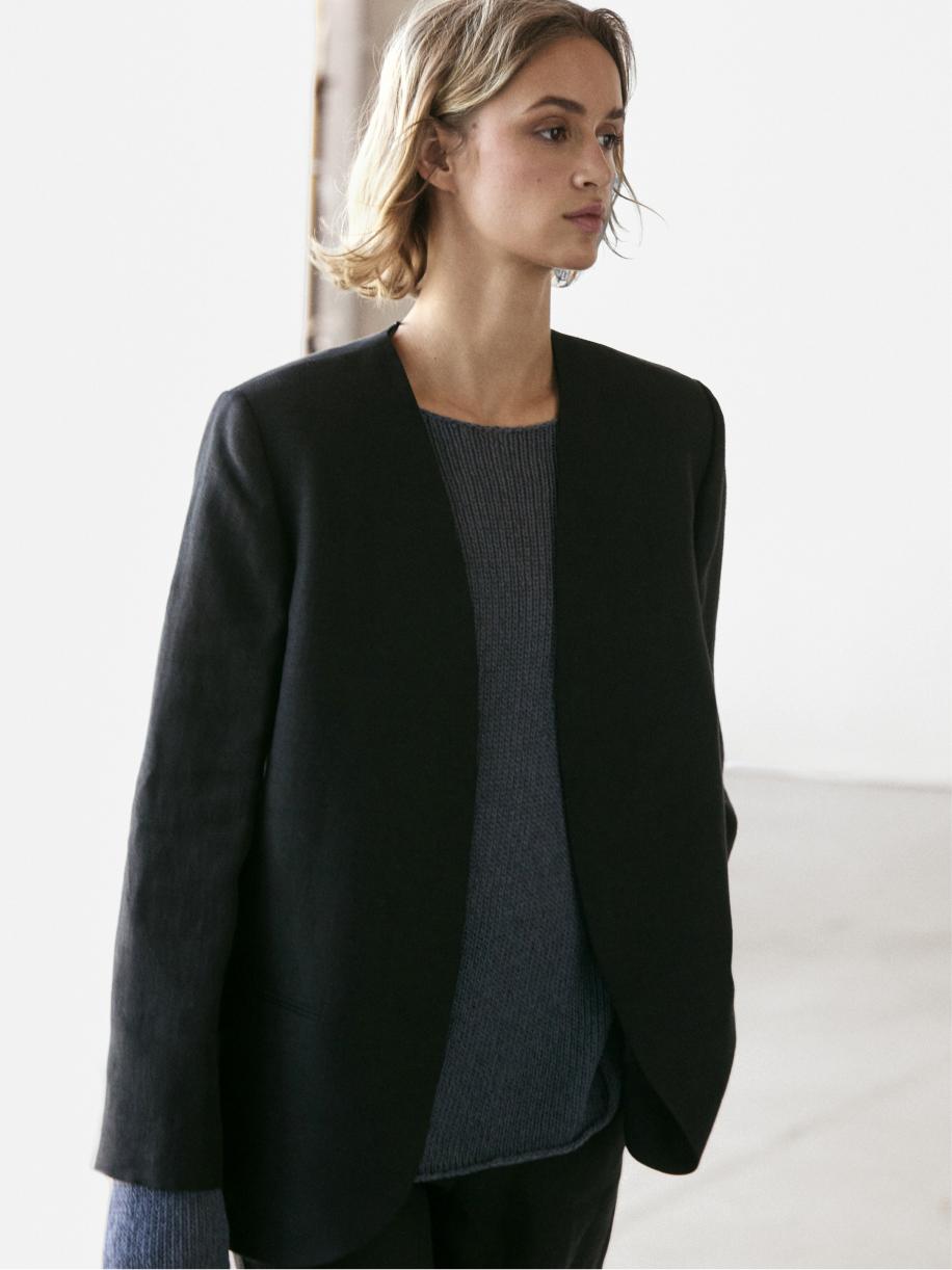 100% linen lapelless blazer — BLACK