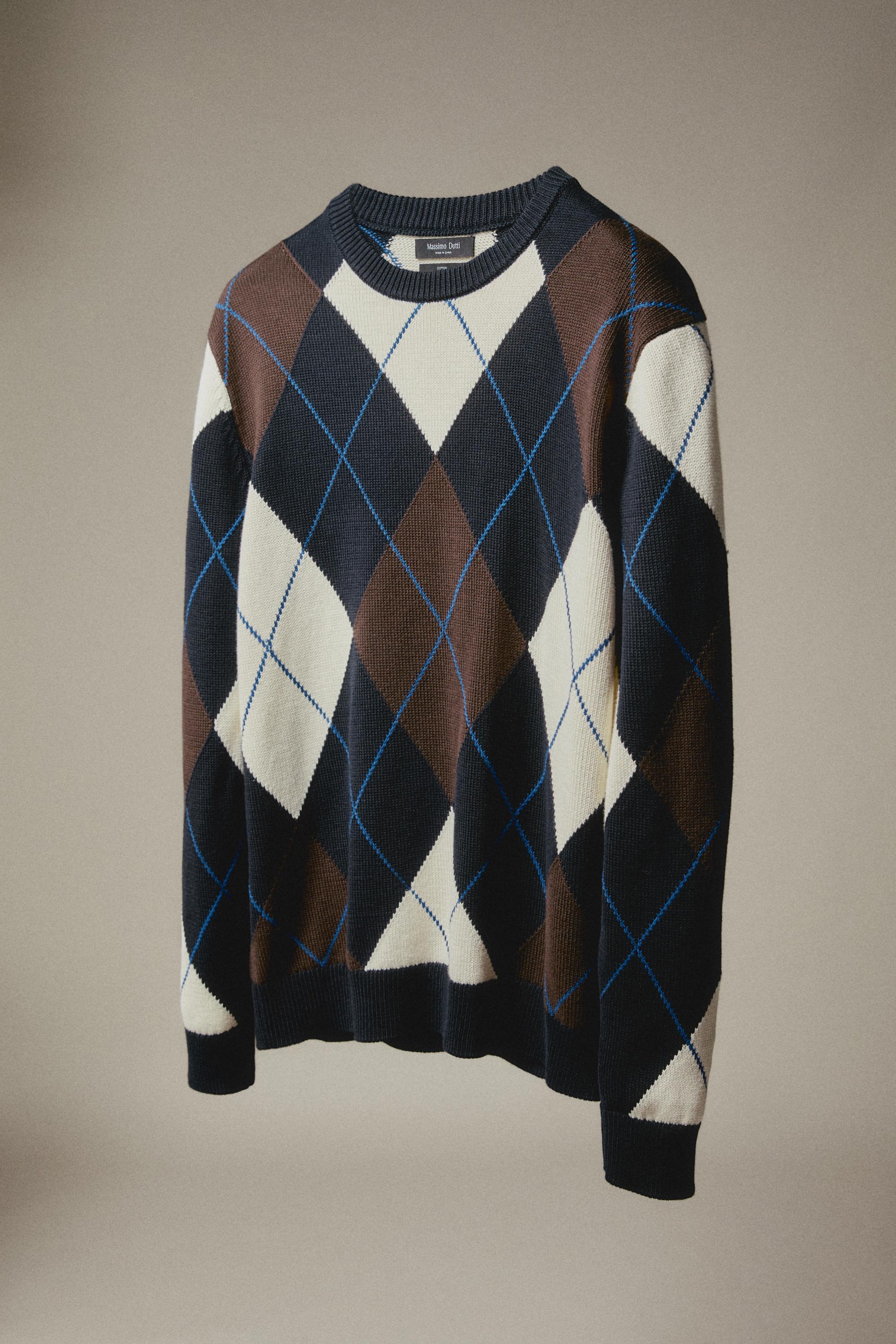 100% Cotton Argyle Knit Sweater — NAVY BLUE