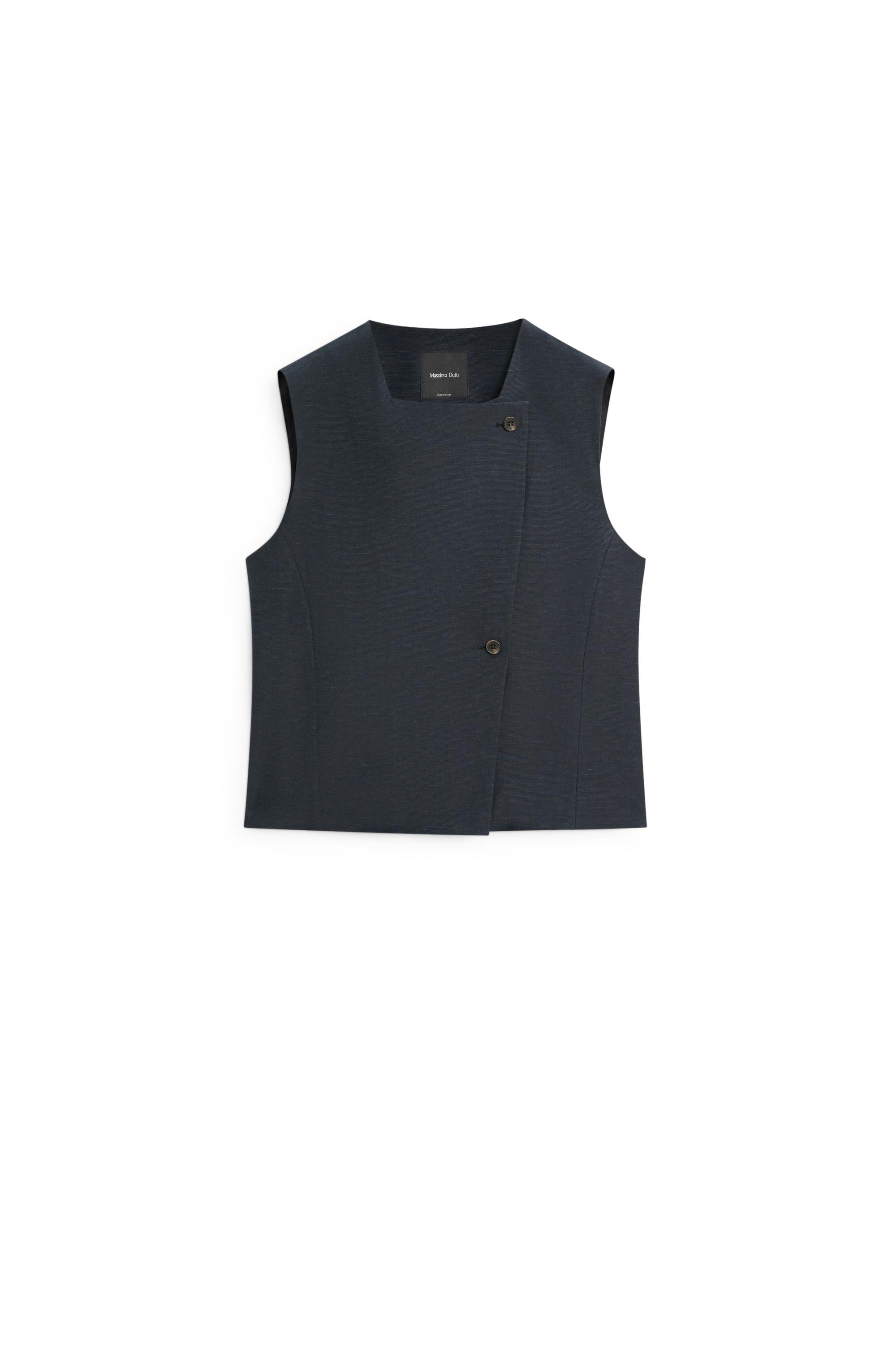 Linen blend asymmetric button-up vest — NAVY BLUE
