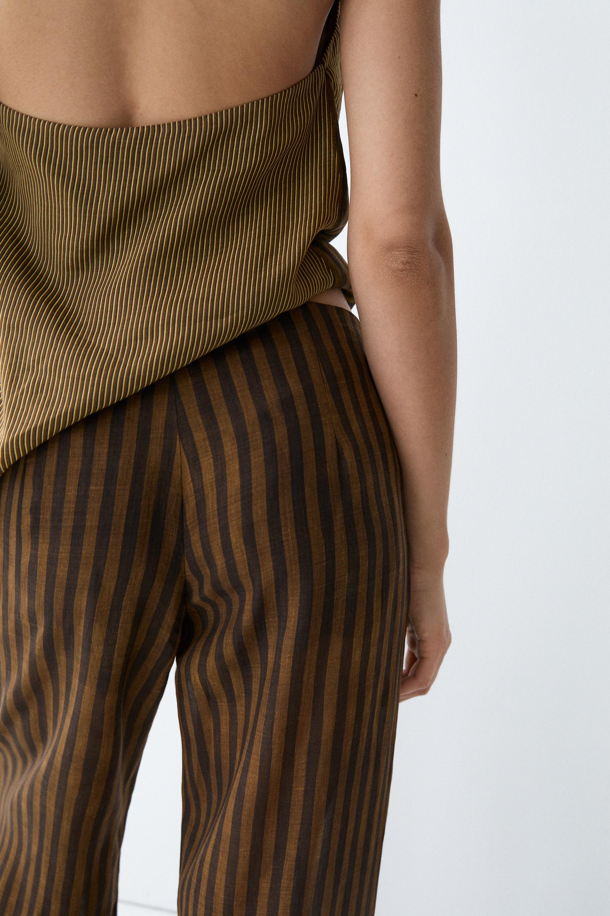 Total look flowing striped pants with button hem — DARK KHAKI