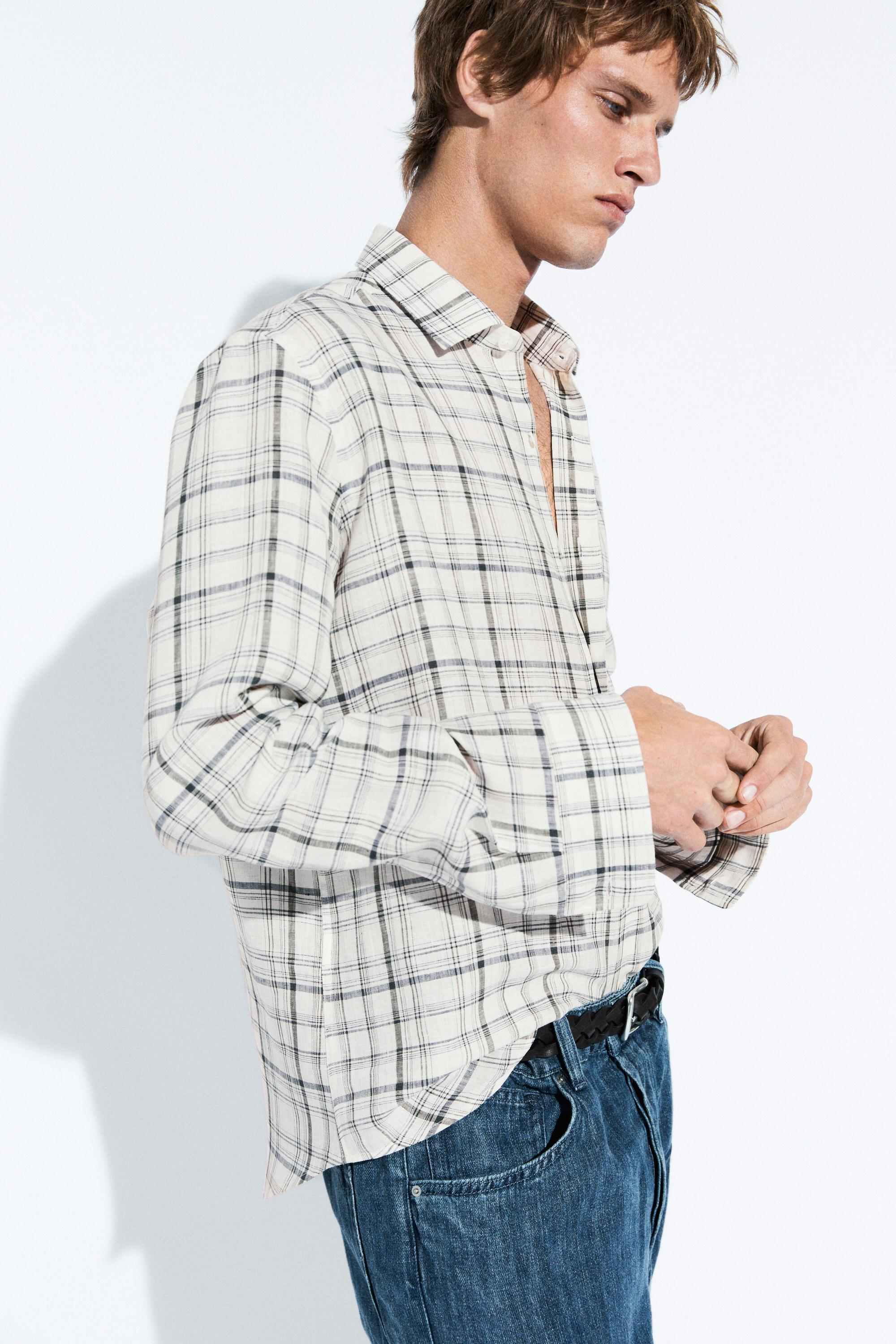 100% linen check shirt — CREAM