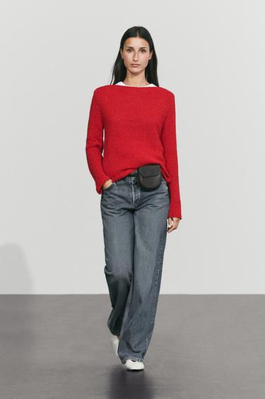 Cotton blend knit boat neck sweater — RED 1