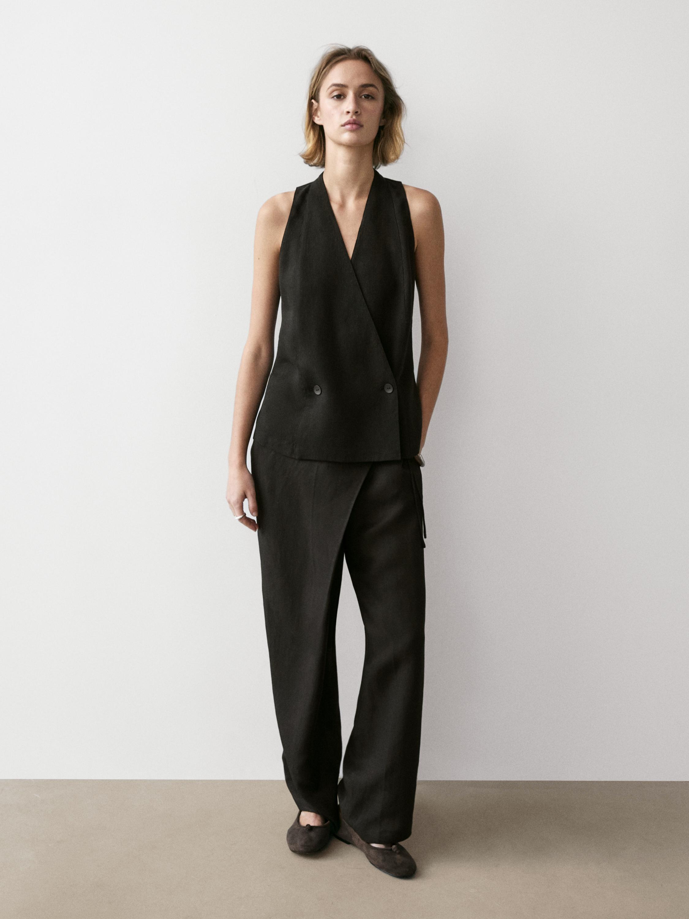 Flowing pareo trousers with tie detail — BLACK