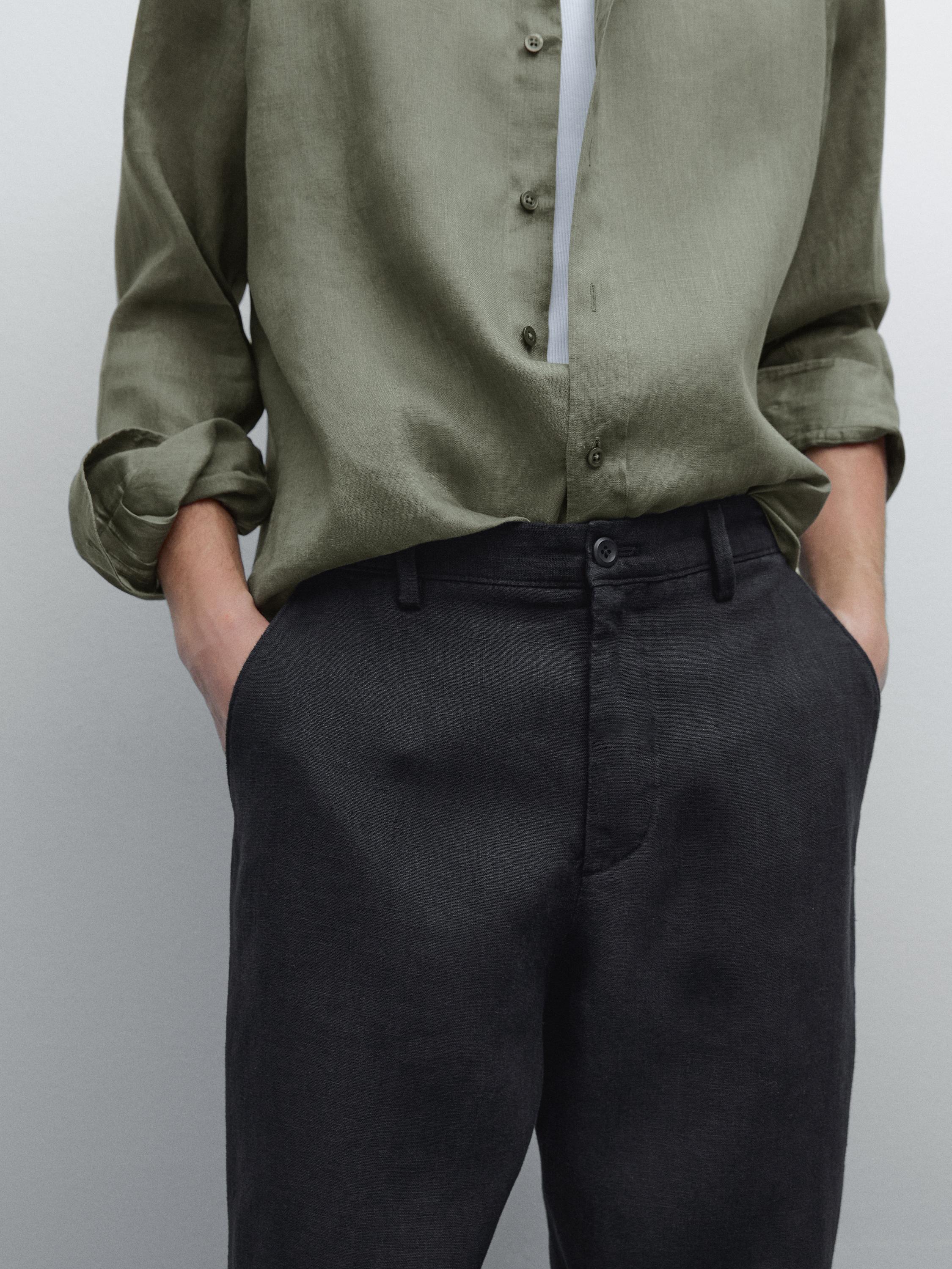 100% linen straight-leg trousers