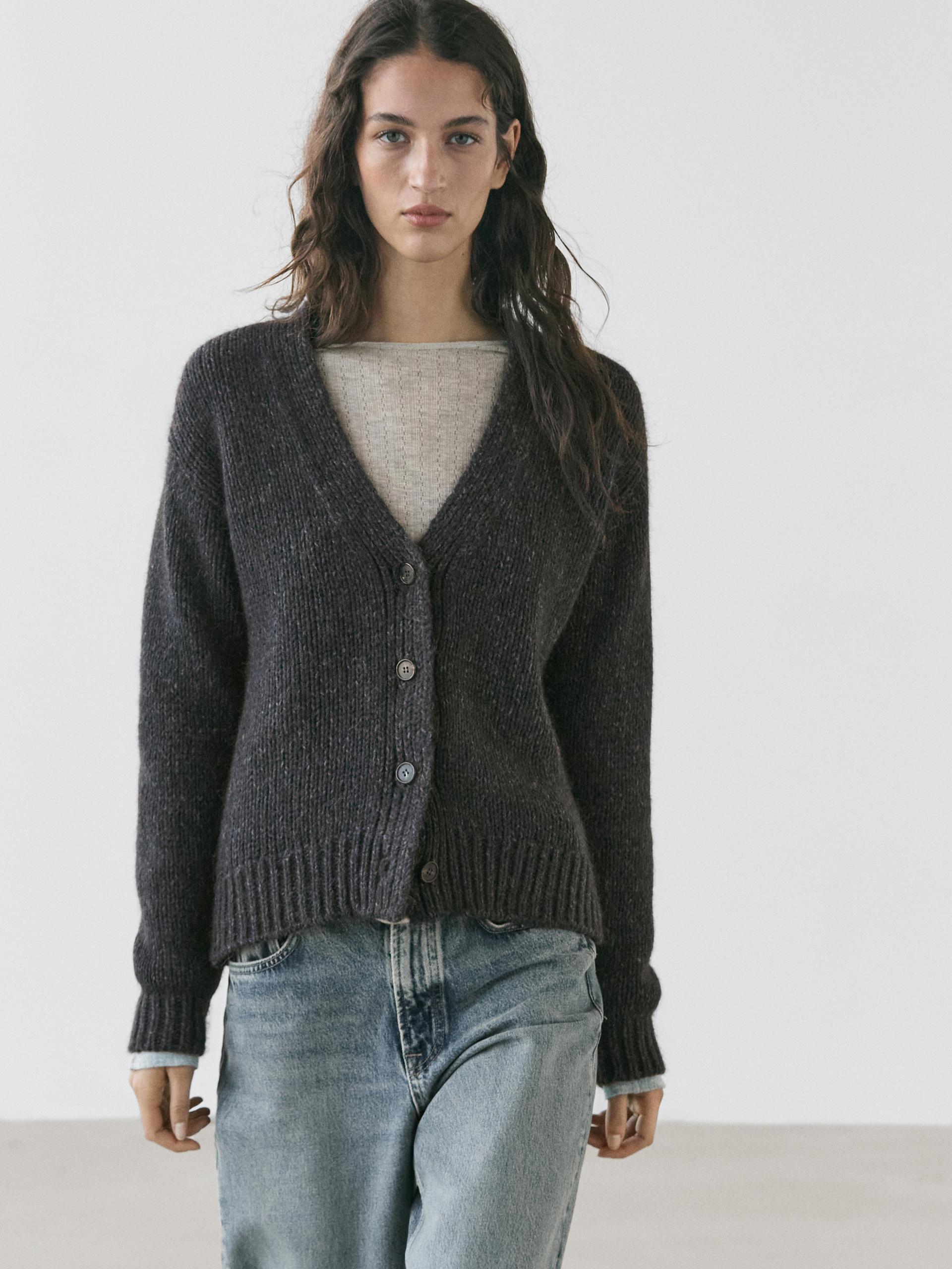 Kardigan Z Mieszanki Wełny Z Dekoltem W Serek - Ciemnoniebieski - S - Massimo Dutti - Kobieta