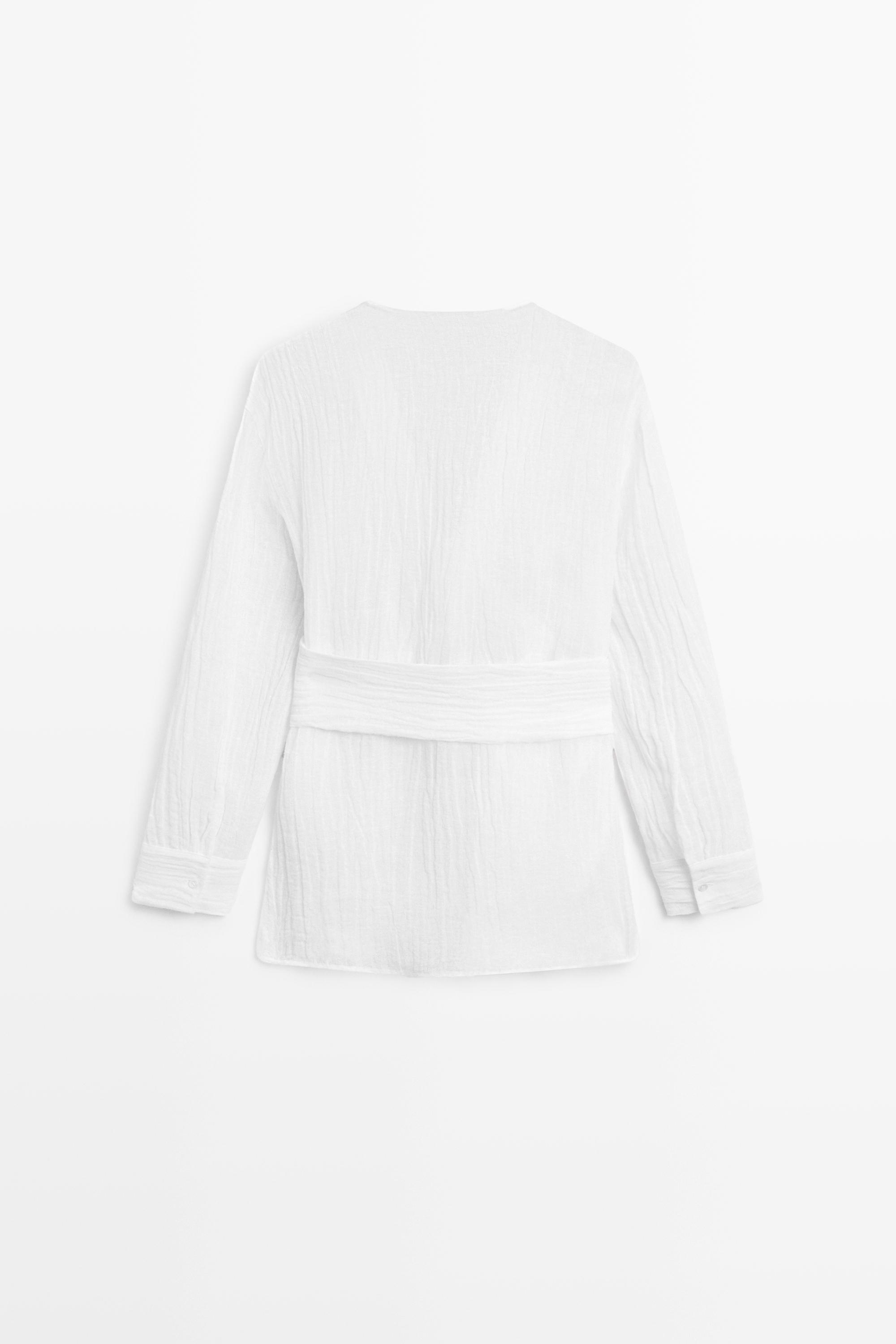 Linen blend blouse with sash belt — WHITE