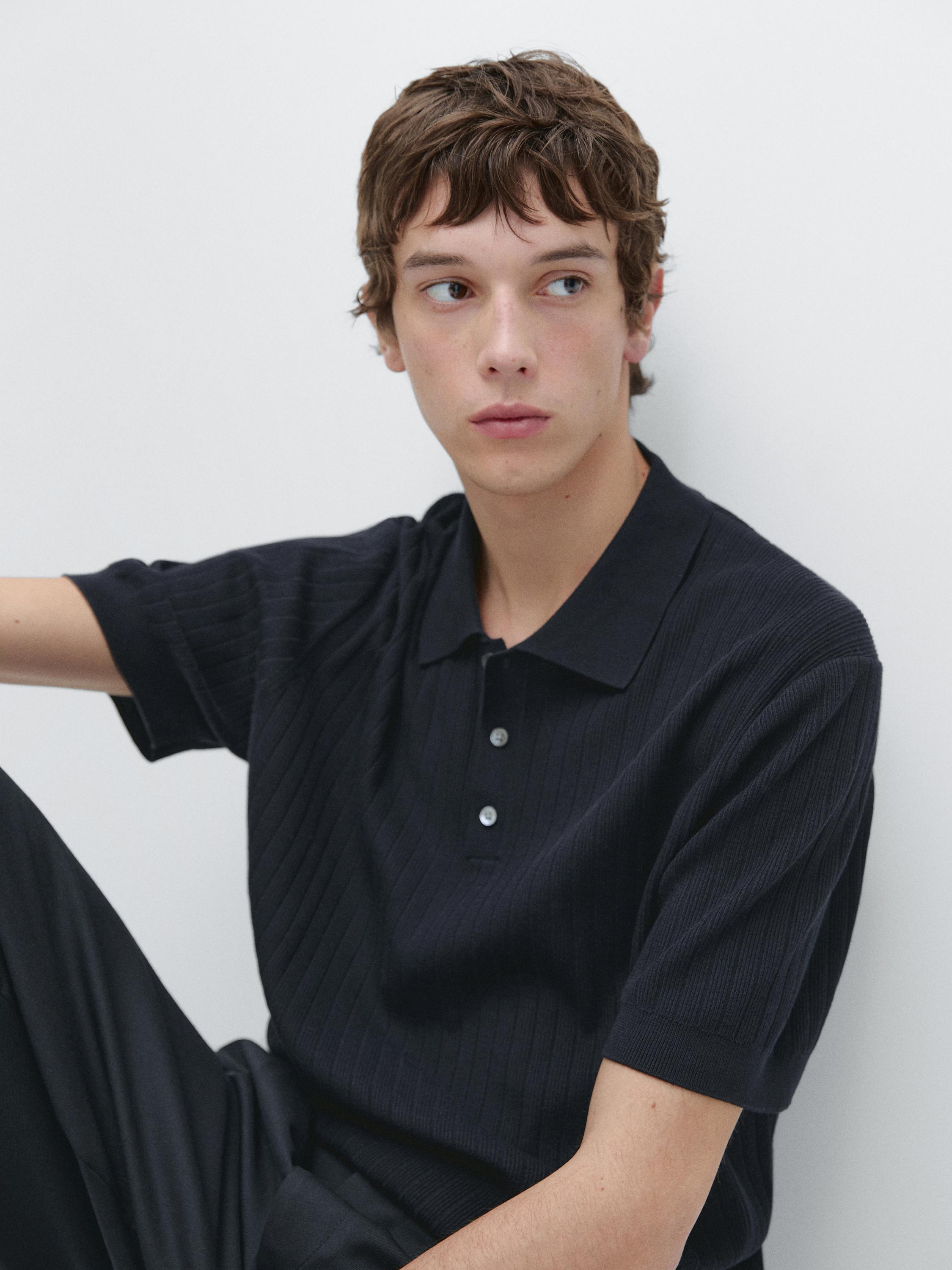 Ribbed knit cotton polo shirt — NAVY BLUE