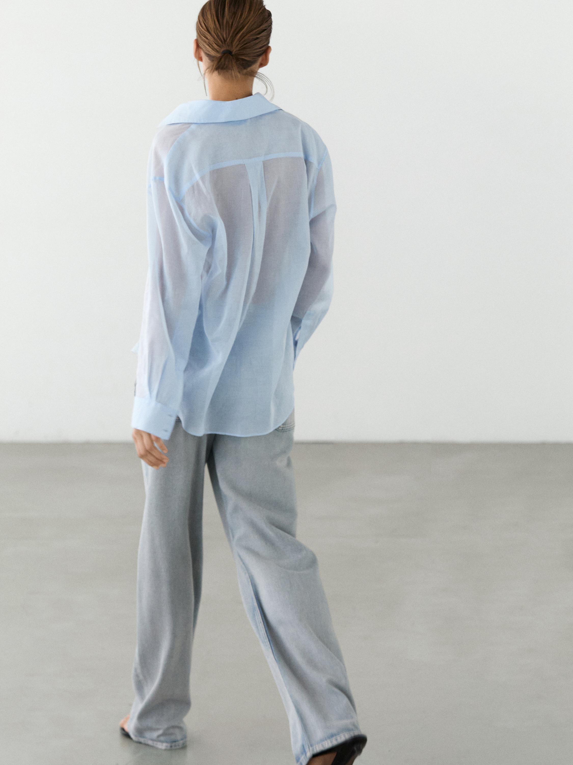 Flowing 100% cotton shirt with collar detail — SKY BLUE