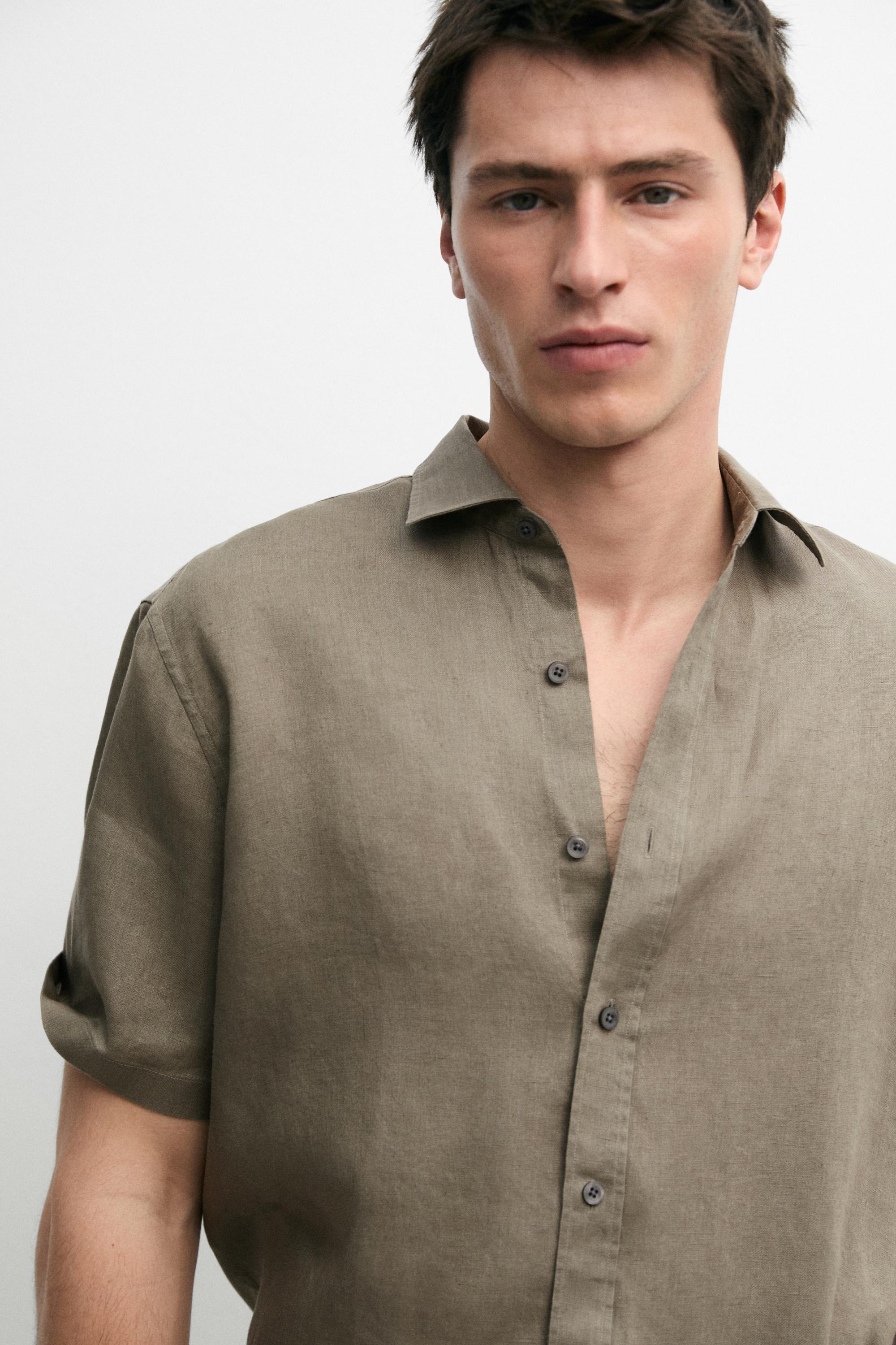 100% linen regular fit short sleeve shirt — SAND