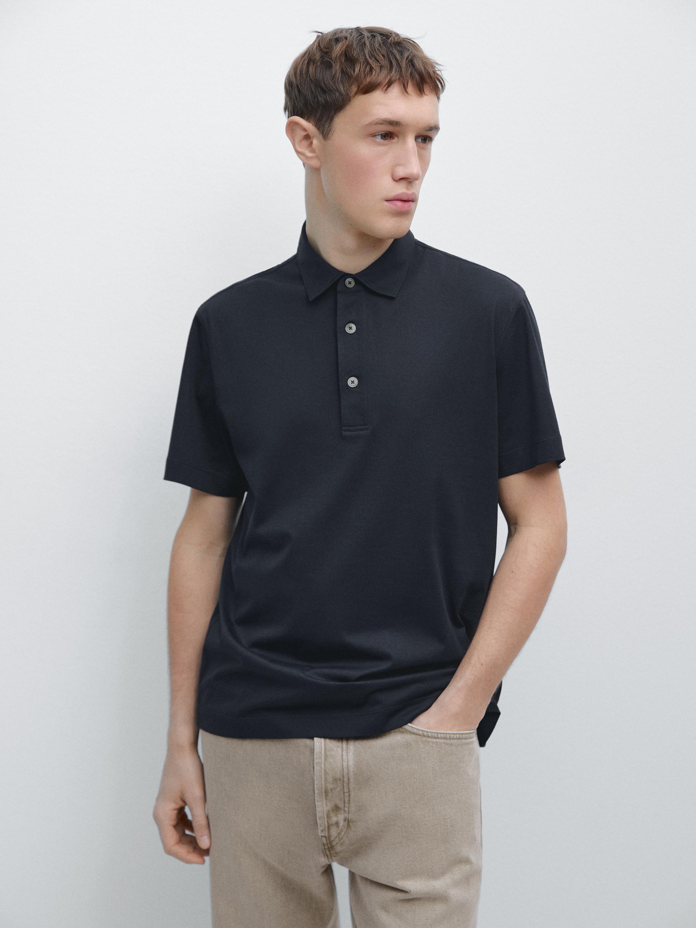 Cotton blend short sleeve polo shirt — NAVY BLUE
