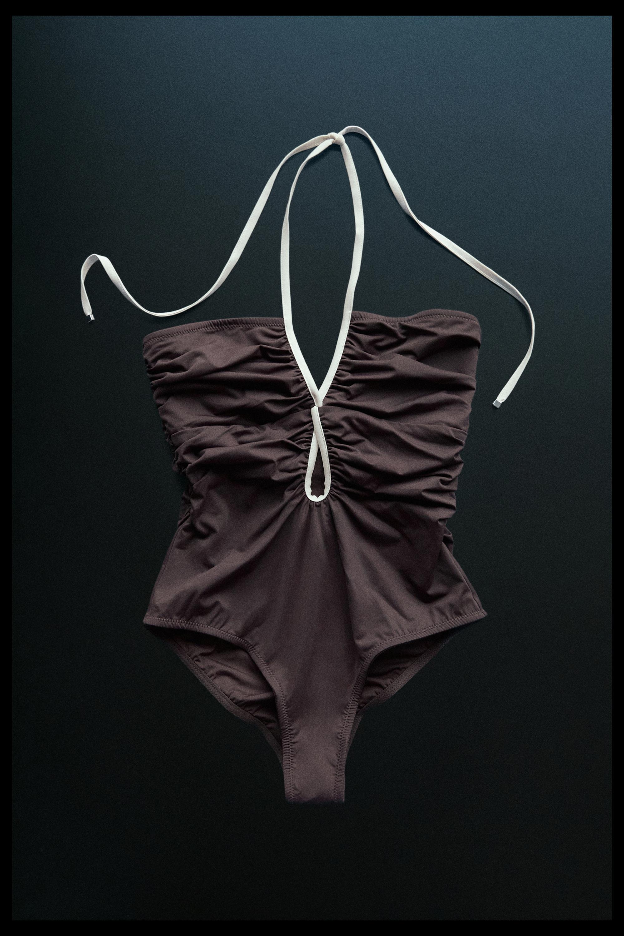 Swimsuit with contrast gathered detail — BROWN