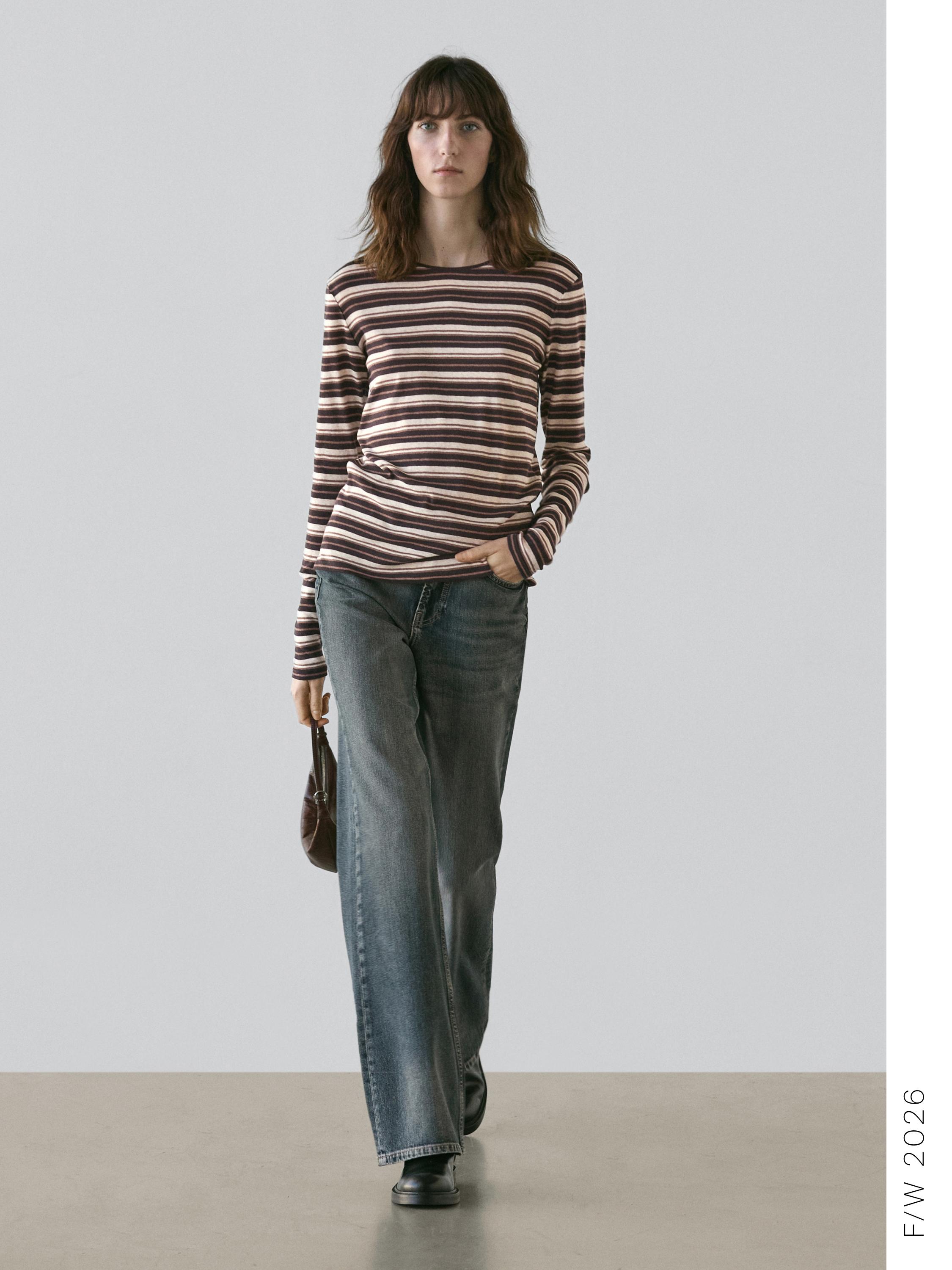 Cotton blend striped long sleeve T-shirt — BROWN