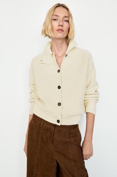 100% cotton turtleneck knit cardigan — CREAM 3