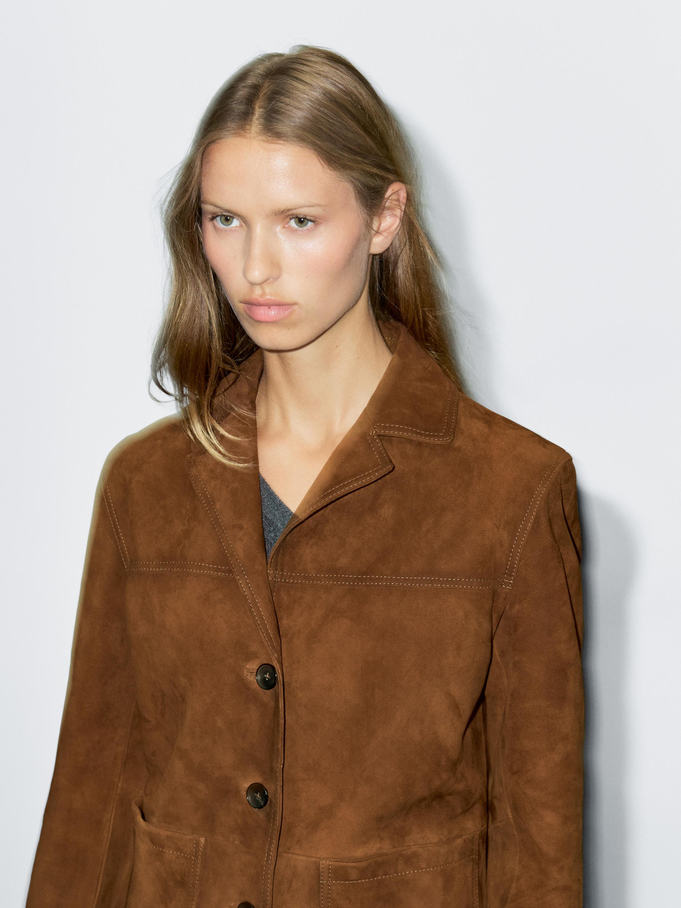 Suede leather blazer with topstitching