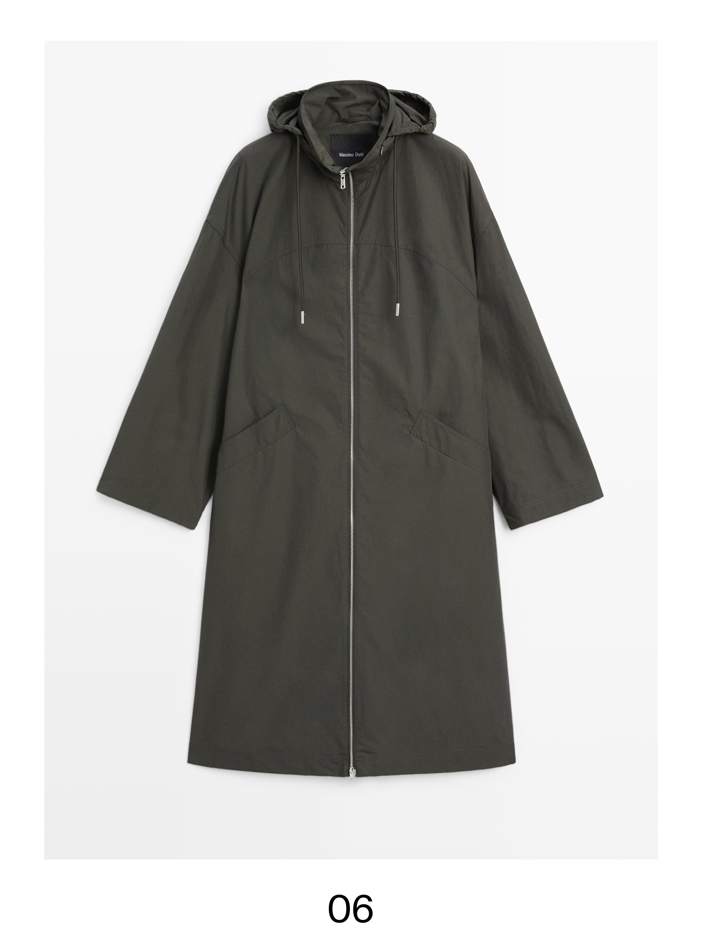 Technical fabric trench coat with hood — BOTTLE GREEN