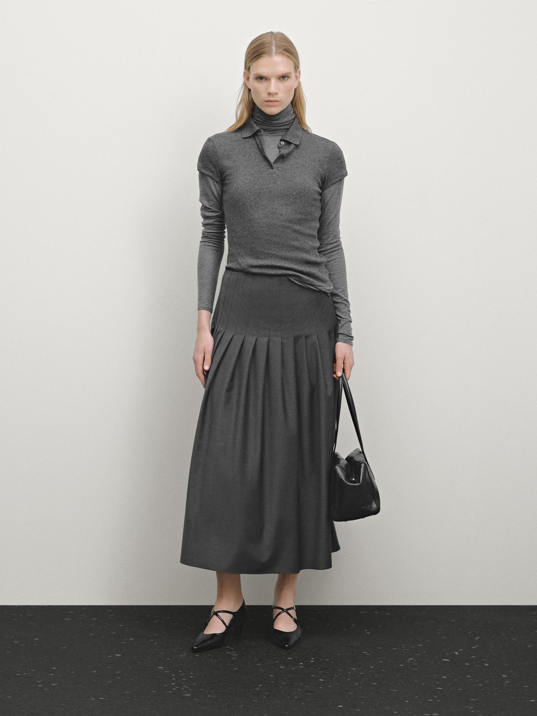Long Midi Skirt Grey Pleated Wool Blend Midi Skirt · Grey