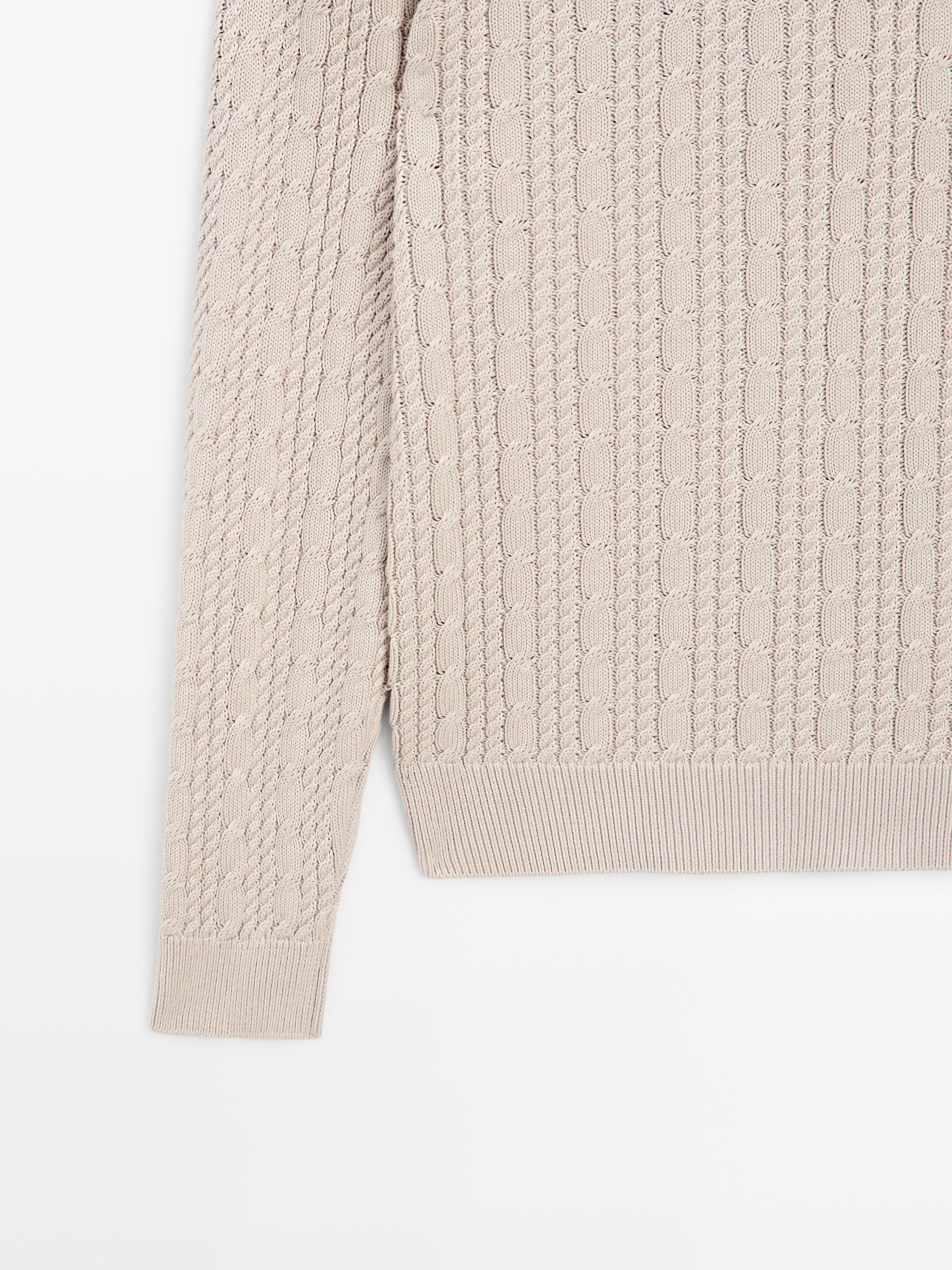 Cable-knit 100% cotton sweater with crew neck — STONE