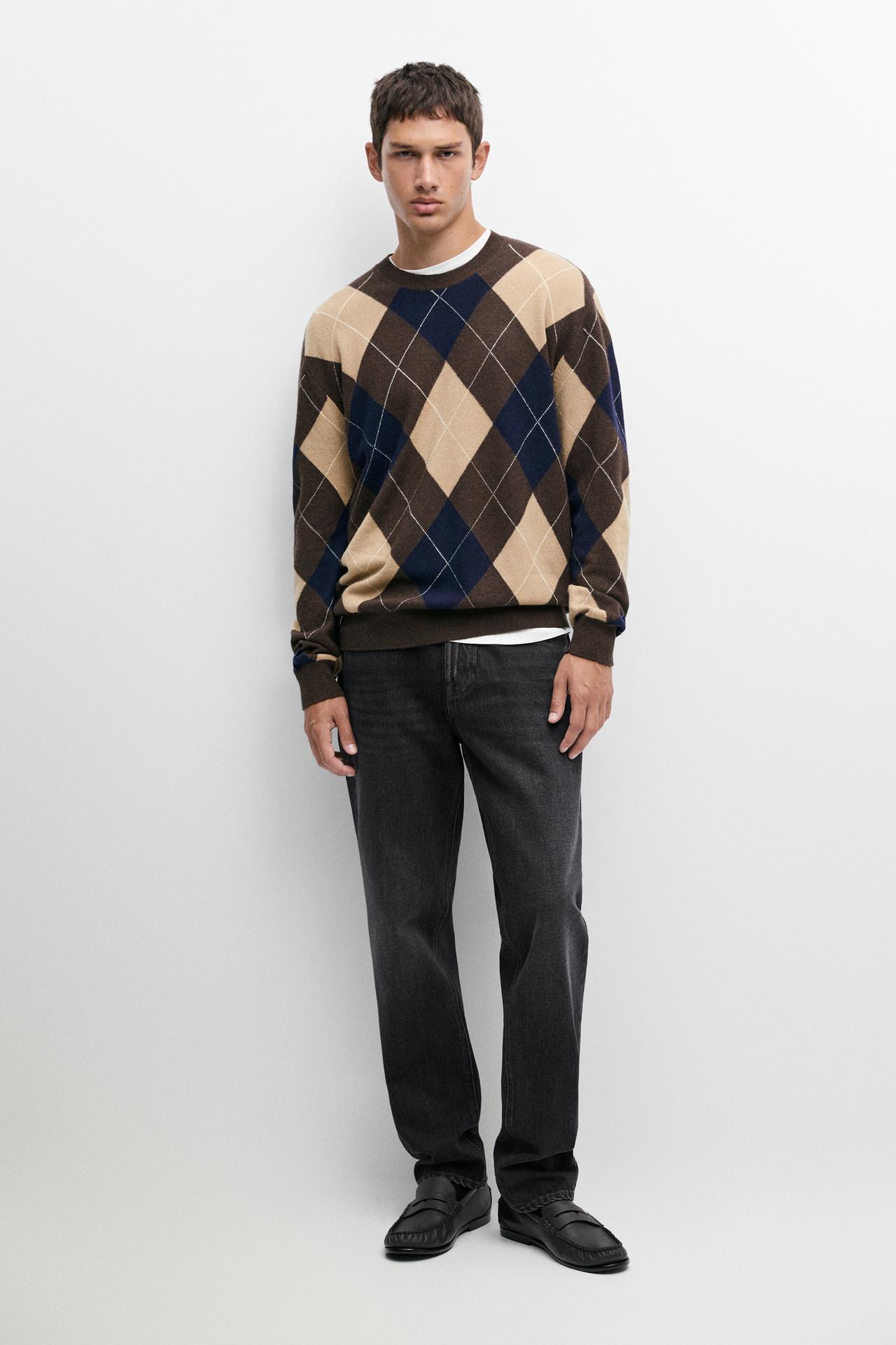 Wool-blend Argyle knit sweater — BROWN MARL