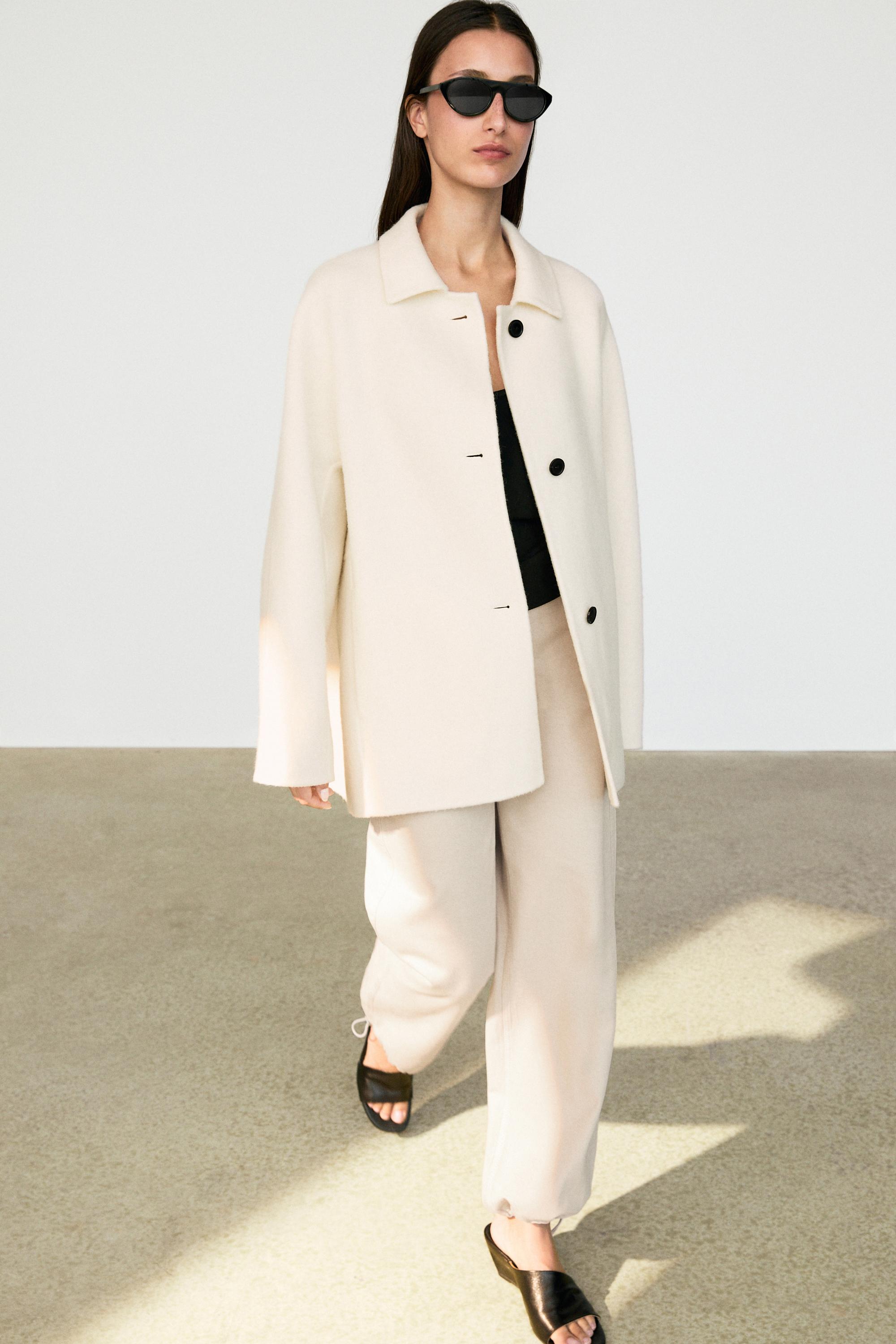 Medium single-breasted wool blend coat — Off white