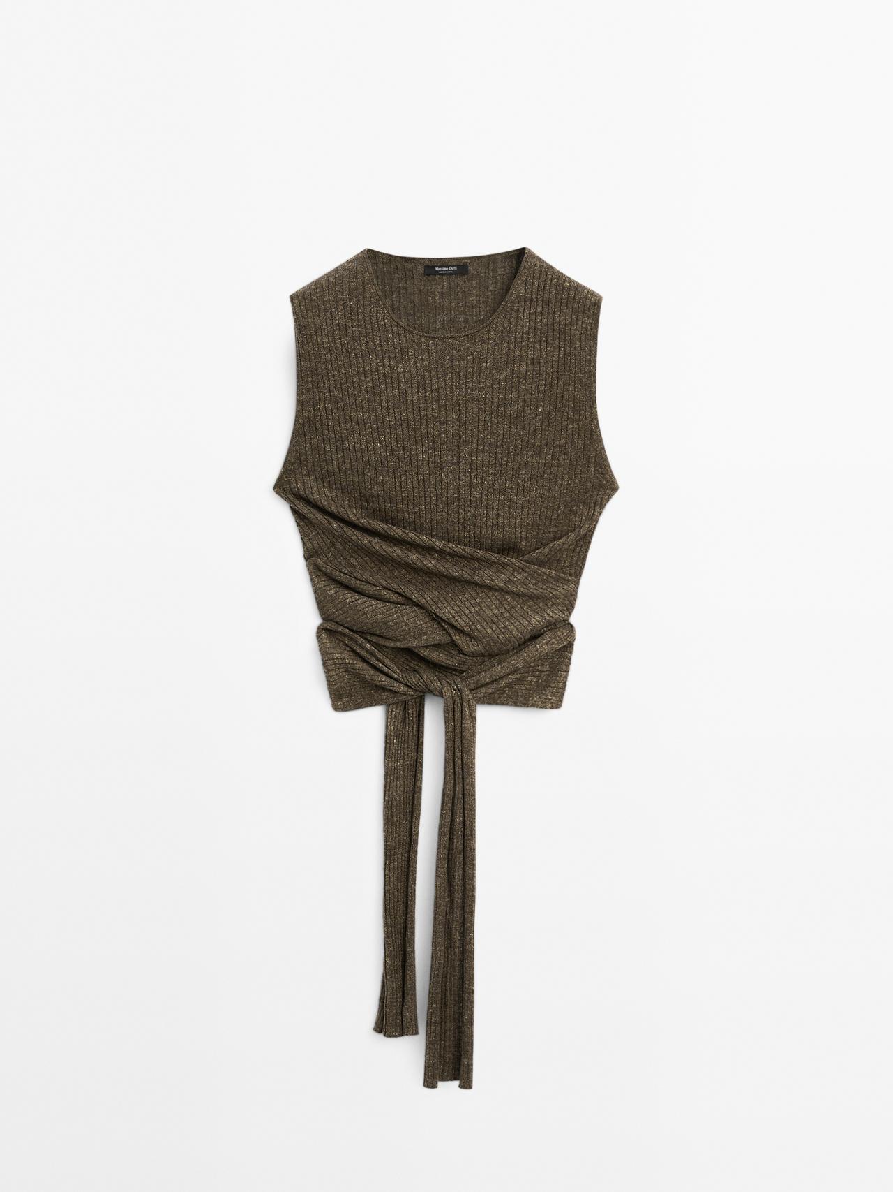 Massimo Dutti - Dame - Top I Meleret Hørblanding Med Bindedetalje - Kaki - M