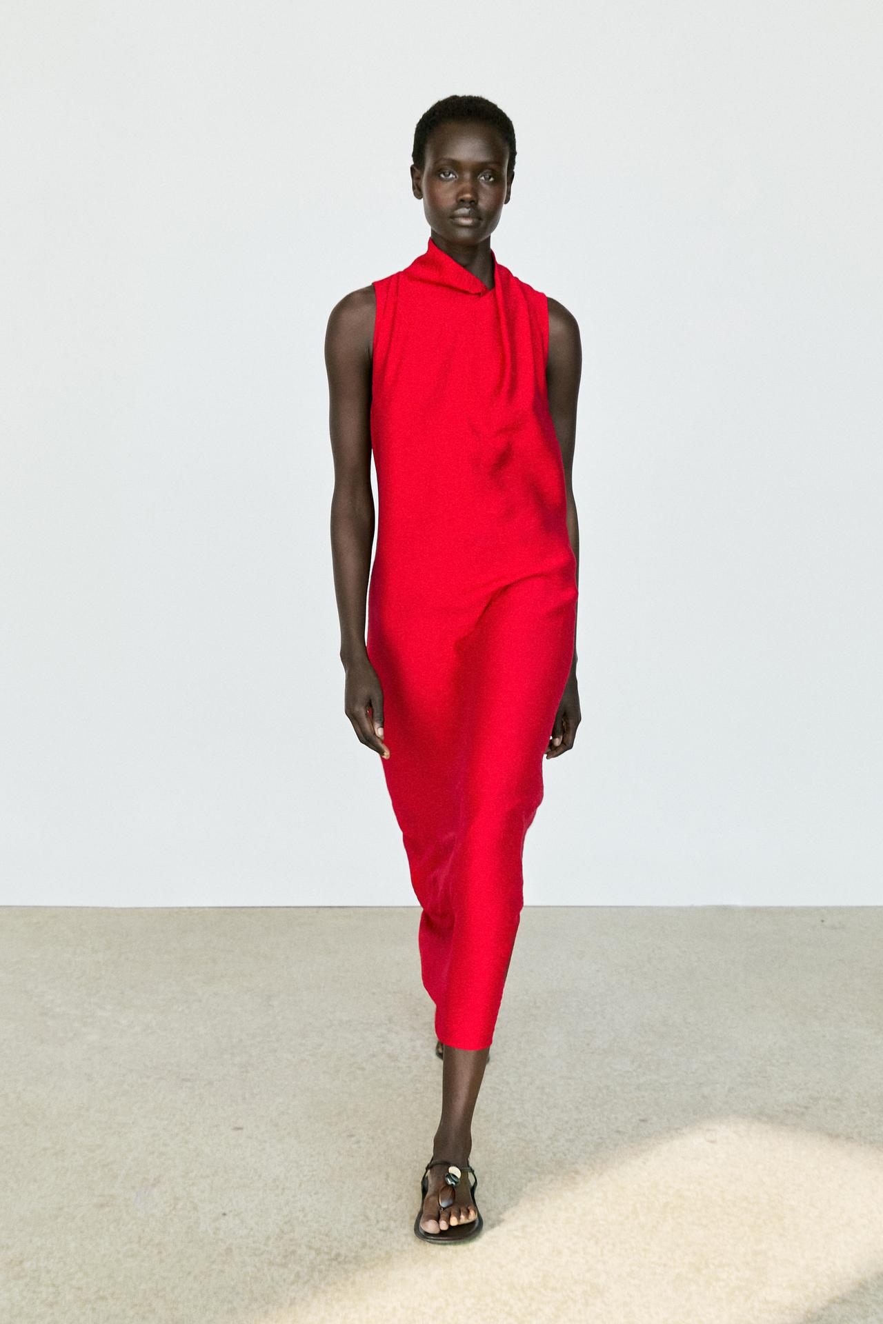 Fluid midi dress with draped neck — RED